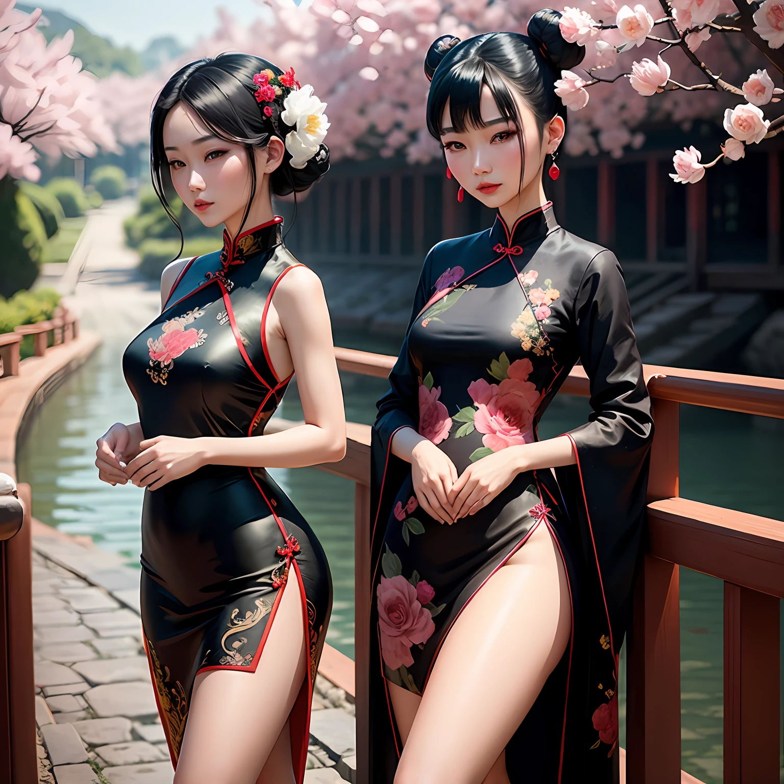 Typical Chinese woman,with fair skin,Good facial features,Bright red lips,Gentle gaze,Tall and tall,As graceful as a swan,Wearing a cheongsam cheongsam,Black hair coiled in a bun at the back of the head,Insert a hairpin on it,Cheongsam is made of silk,The black cheongsam is embroidered with peony flowers,A jade bracelet is worn on his wrist,Wear pearl earrings on your ears,Outdoors,Full body photo,There is sunlight coming from the side,Behind you is a small bridge,Surrounded by flowers,Large aperture lens, --auto