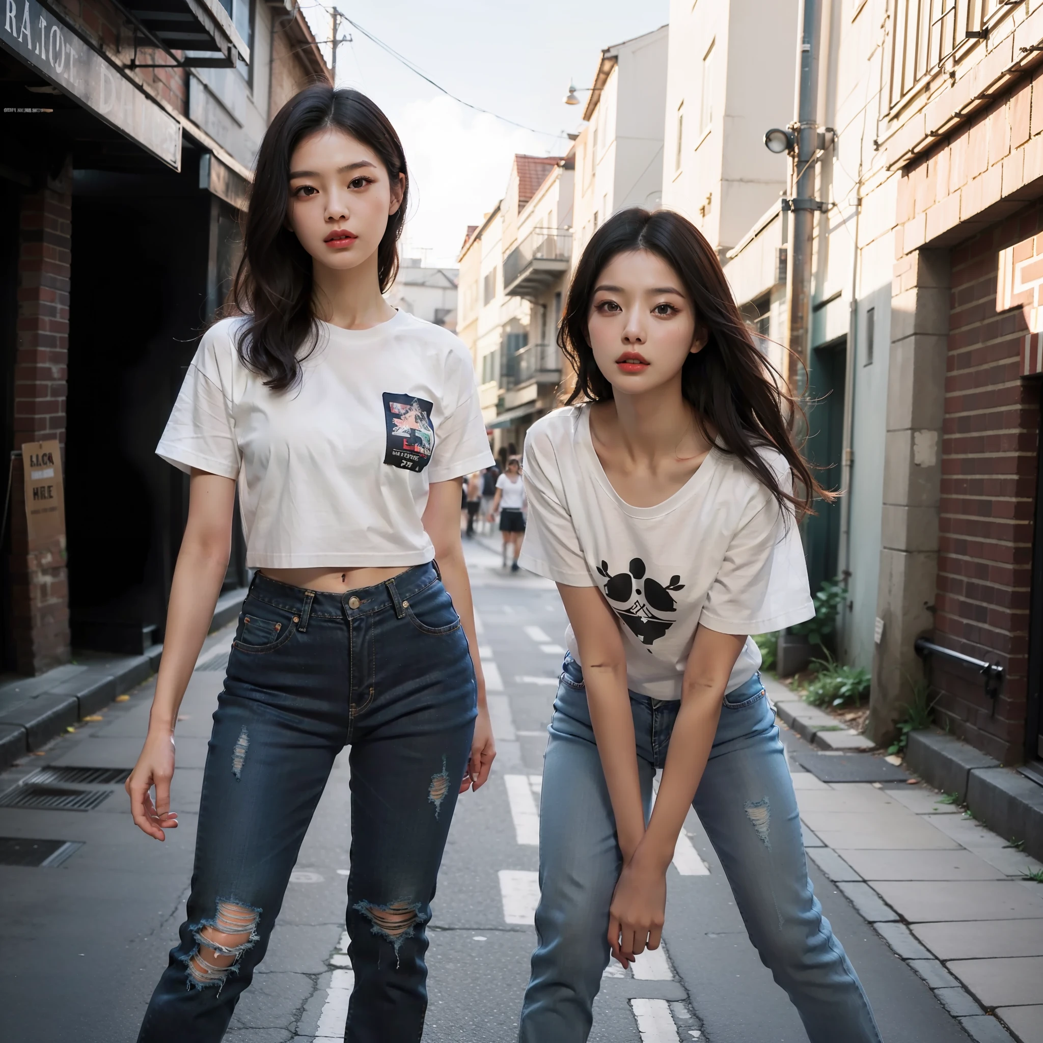 Beautiful young woman wearing a confy printed white T-shirt and black Oxford jeans. Detailed eyes, detailed face. Dynamic pose. Minimal natural make-up, one sided pony tale, dark hair. (Full body:1.0). Street alley as background. Photography, ray traicing.