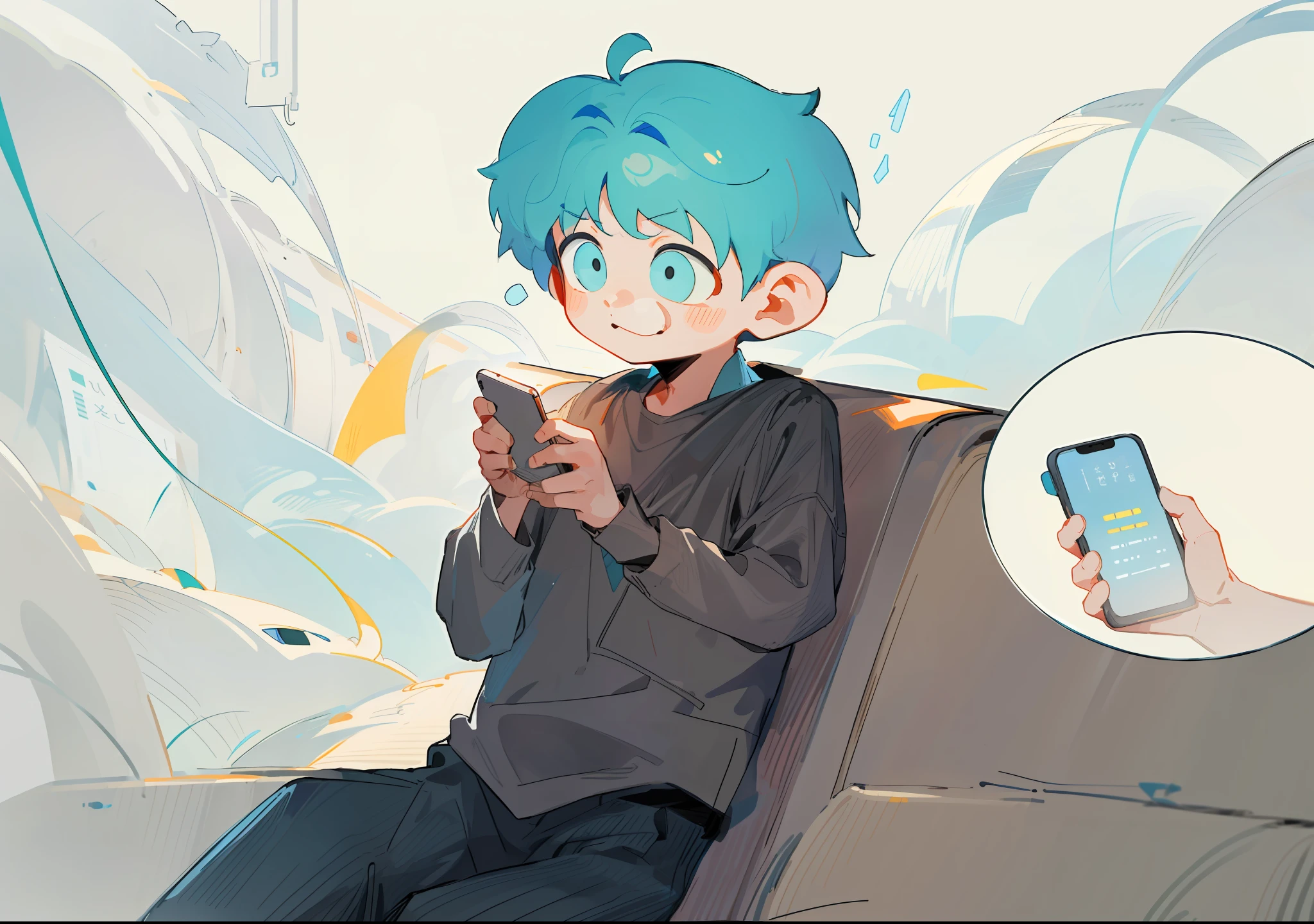 A boy sits on a couch looking at his phone and prepares to grab a train ticket，It was found to be all standby tickets，expression of surprise。Q version cute color illustration。