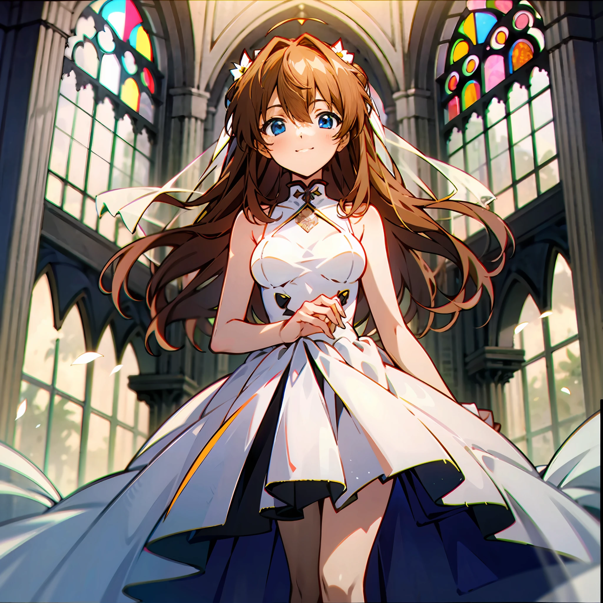 ((best qualtiy))，((tmasterpiece))，(Detail 1.4)，asuka，Hyper-Resolution，8K，fresh flowers，Holding flowers，A Gothic Church:0.8，rays of sunshine，lots of brightness，Warm color 1.2，The camera is located below the character，Wedding dress 0.6，facing at camera，blue color eyes，Small eyes，1个Giant Breast Girl，ssmile，In front of the window，Wearing a plain white wedding dress，lace decorations，face to the viewer，Long brown hair，人物，standing on your feet，inside in room，light and shadow effect，