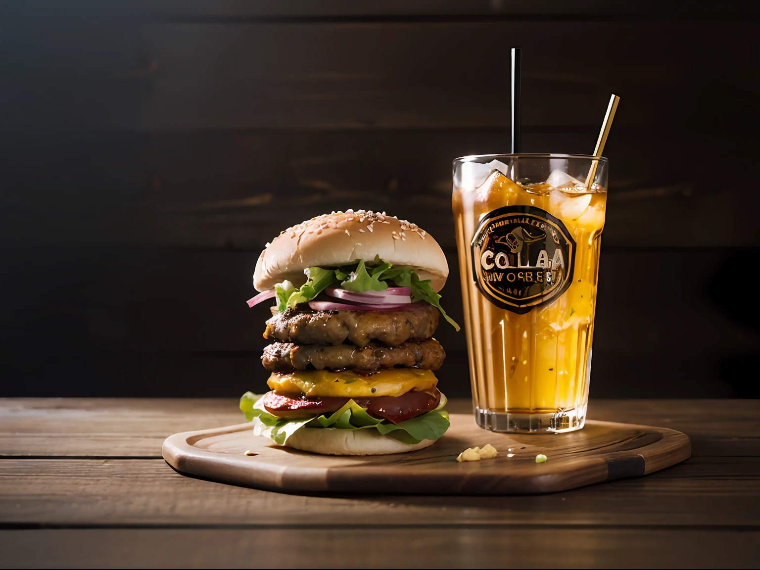 product shot of ultra realistic juicy cheeseburger against a dark wooden background, two tone lighting, product shot, a glass of cola,octane, unreal