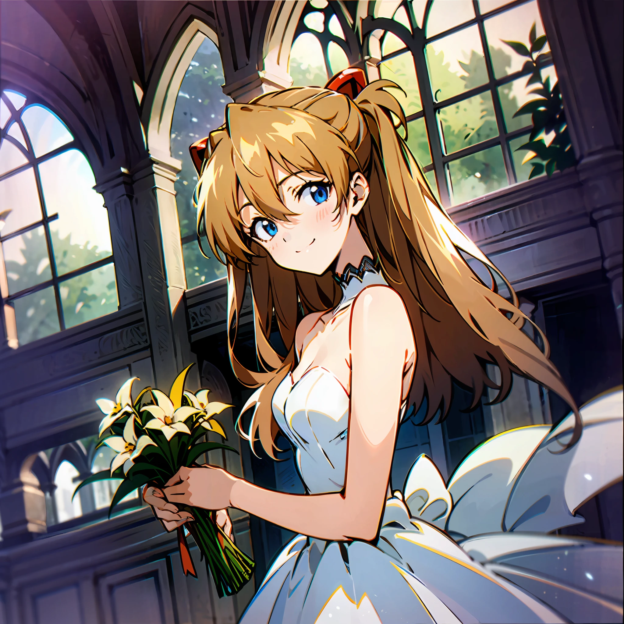 ((best qualtiy))，((tmasterpiece))，(Detail 1.4)，asuka，Hyper-Resolution，8K，fresh flowers，Holding flowers，A Gothic Church:0.8，rays of sunshine，lots of brightness，Warm color 1.2，The camera is located below the character，Wedding dress 0.6，facing at camera，blue color eyes，Small eyes，1个Giant Breast Girl，ssmile，In front of the window，Wearing a plain white wedding dress，lace decorations，face to the viewer，Long brown hair，人物，standing on your feet，inside in room，light and shadow effect，