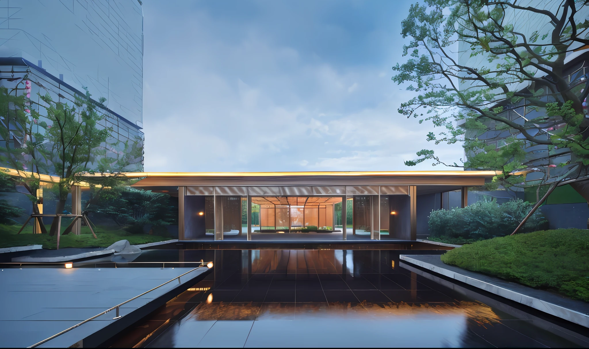 There is a building，There is a swimming pool in the middle, foster and partners, an award winning masterpiece, japanese glass house, mies van der rohe, high-end onsen, full - view, inspired by Tadao Ando, Pavilion, ryohji hase, well-designed masterpiece, in style of norman foster, wide angle exterior 2022