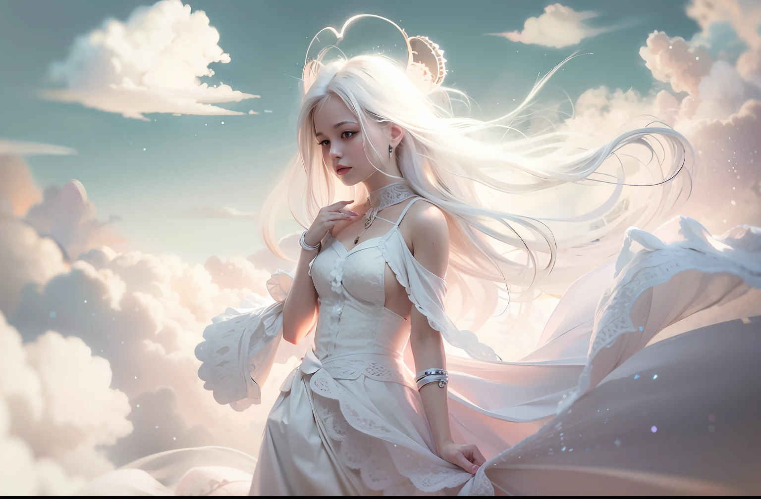faeries,Fly,light yarn,gossamer,White dress,whaite hair,White clouds in the distance,full bodyesbian,Side Body,Look at the viewer,