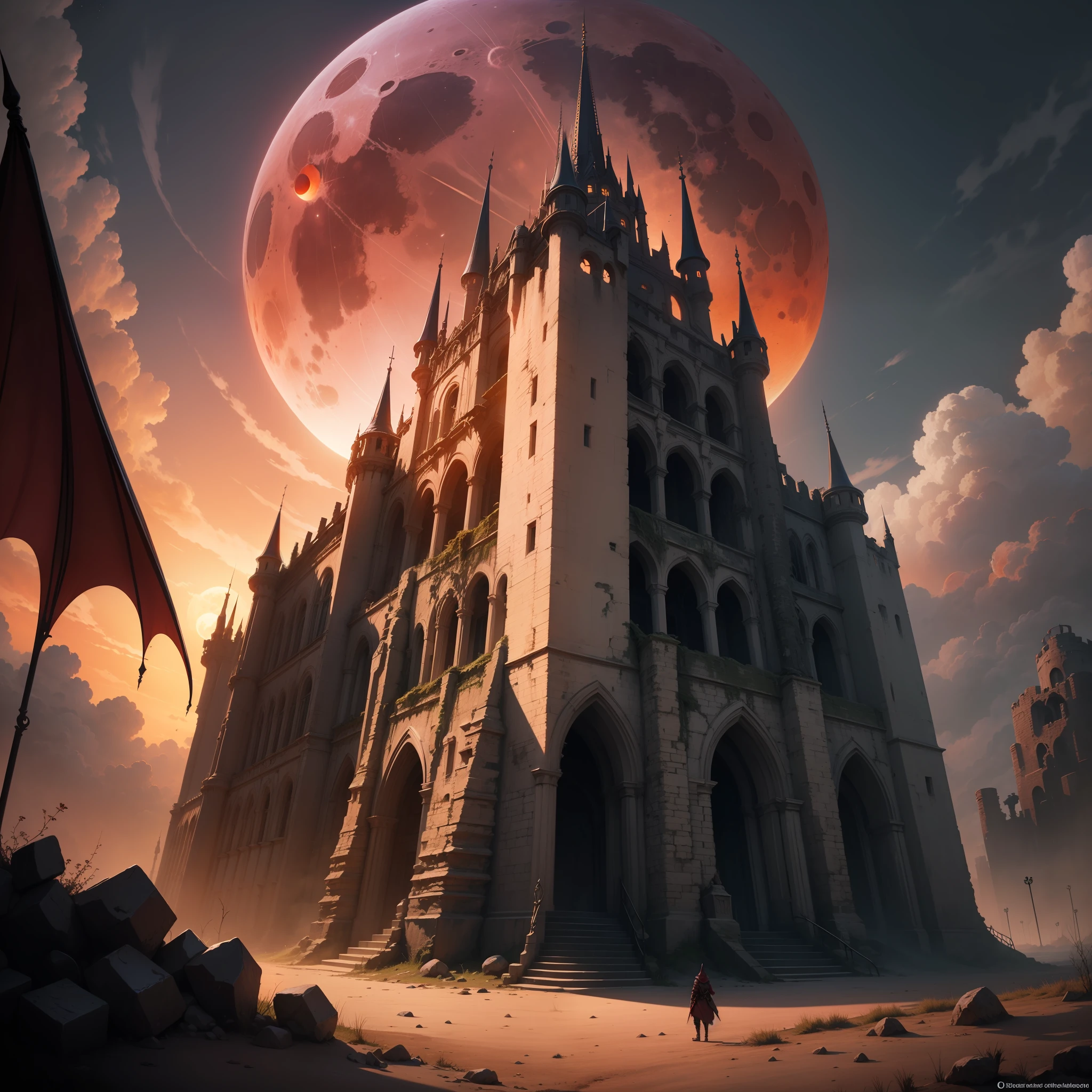 "A fortress of the Demon Queen, with gloomy, tiefroten und pechschwarzen Farben, while a blood moon rises in the background."