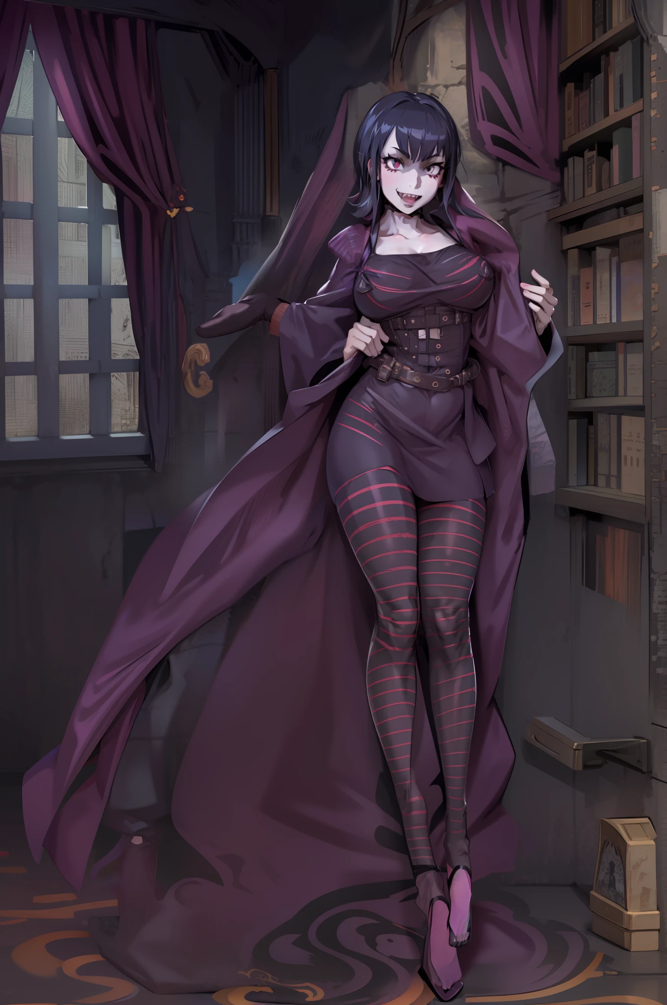 Mavis_dracula, full body, pantyhose, huge breast, pants, goth, long dress, black hair, flip flips, smile, long robe, skirt, victorian clothing, gloves, black lips