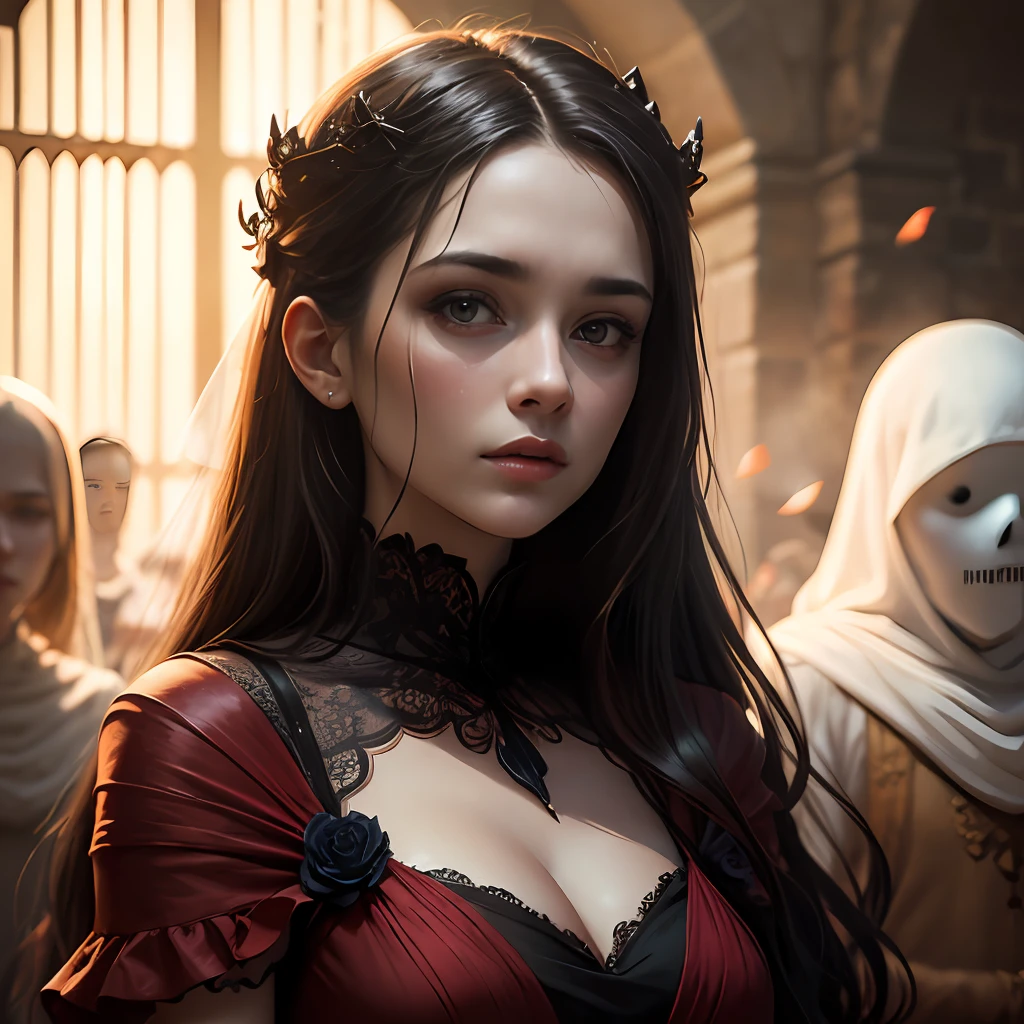 Dark ancient painting style,Red wedding dress,Comic face,a female ghost,long whitr hair --auto