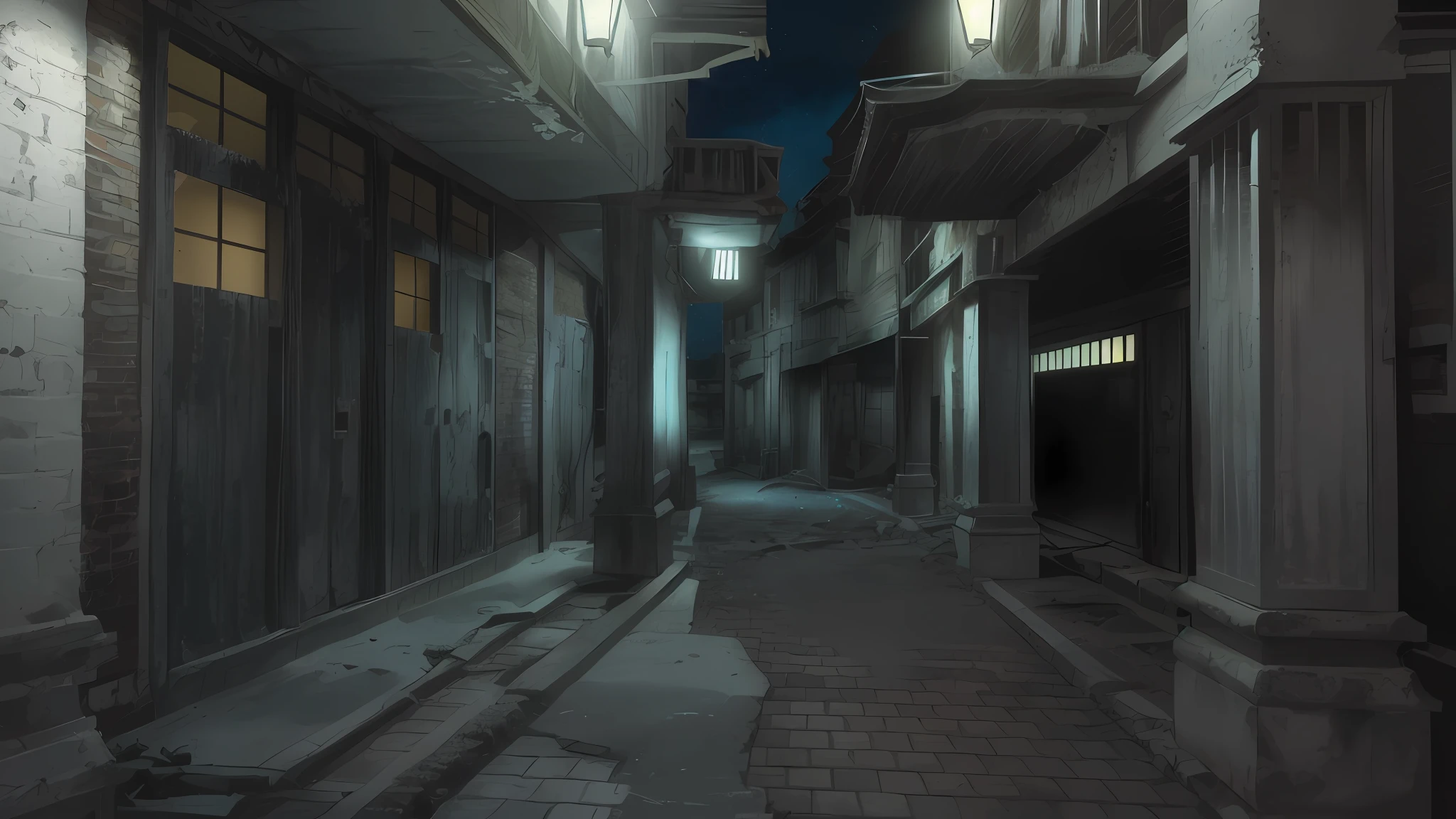 In narrow streets，Dilapidated building，Old street，with people coming and going，boisterous，the night，Sadako，spooky ambiance，Epoachy lighting，blueglow，，Terrifying，Hyper-realistic，真实感，Super real