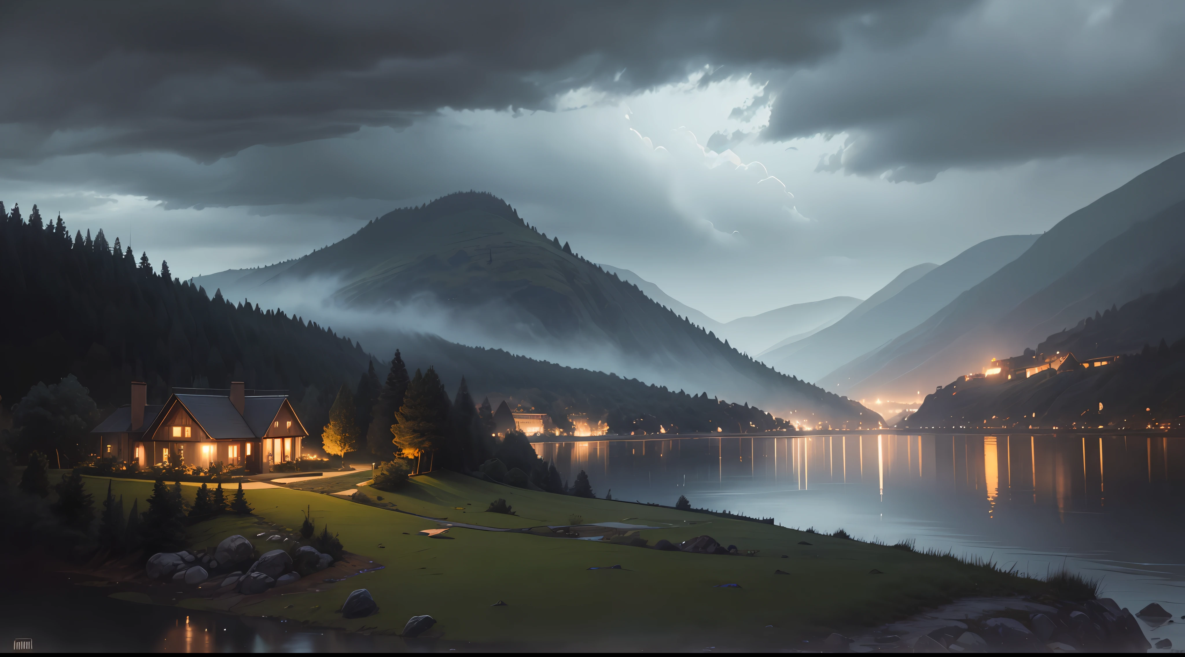 "Dark and melancholic atmosphere by the lakeside with small hills, amidst pouring rain, under dark clouds."