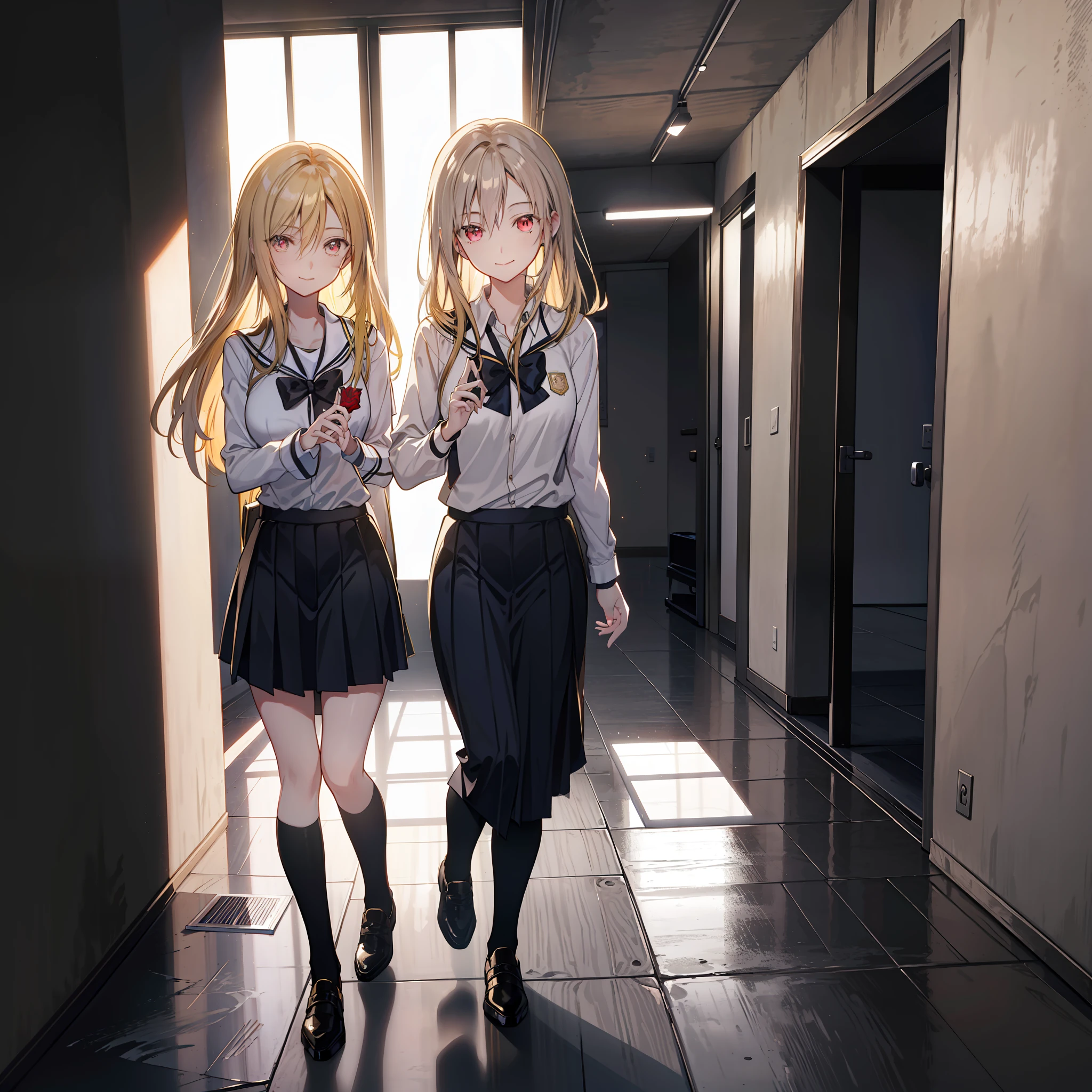 Teachers, Young and beautiful, Golden hair, In the hallway is a student file, Wearing a teacher's uniform, Give me a charming smile, Two-dimensional black and white, Moles under eyes, Anime, back lit lighting, Anime style, A high resolution