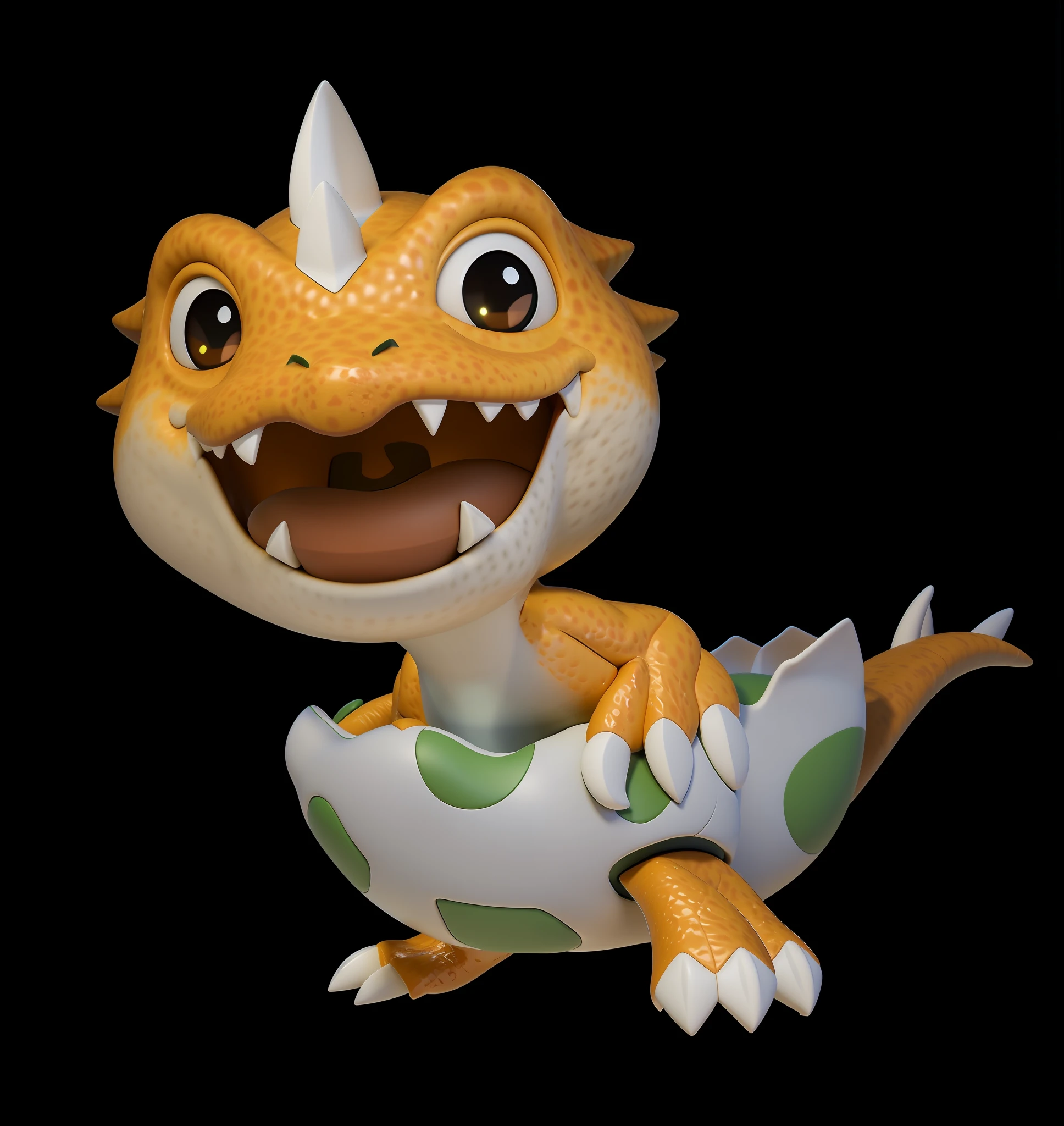 Little dinosaur toy with green and white tail, clay render, toon render keyshot, 3 d render official art, stylized as a 3d render, 3D model of a Japanese mascot, cute 3 d render, 3 d clay render, 3d clay render, rendered in keyshot, newly hatched dragon, high res render