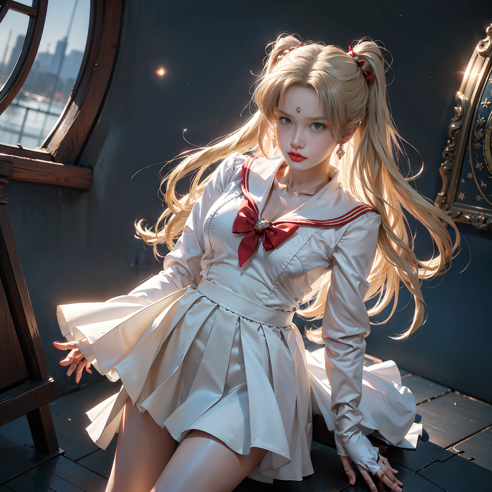 (Extreme Detail CG Unity 8K wallpaper, masterpiece, highest quality), (exquisite lighting and shadow, highly dramatic picture, Cinematic lens effect), (Sailor Moon: 1.1), charming smile, two-tailed hair, blue eyes, blonde hair, tight top, red shawl, red bow, white gloves, mini skirt, dynamic pose), the background is the universe (excellent detail, excellent lighting, wide angle), (excellent rendering, enough to stand out in its class),