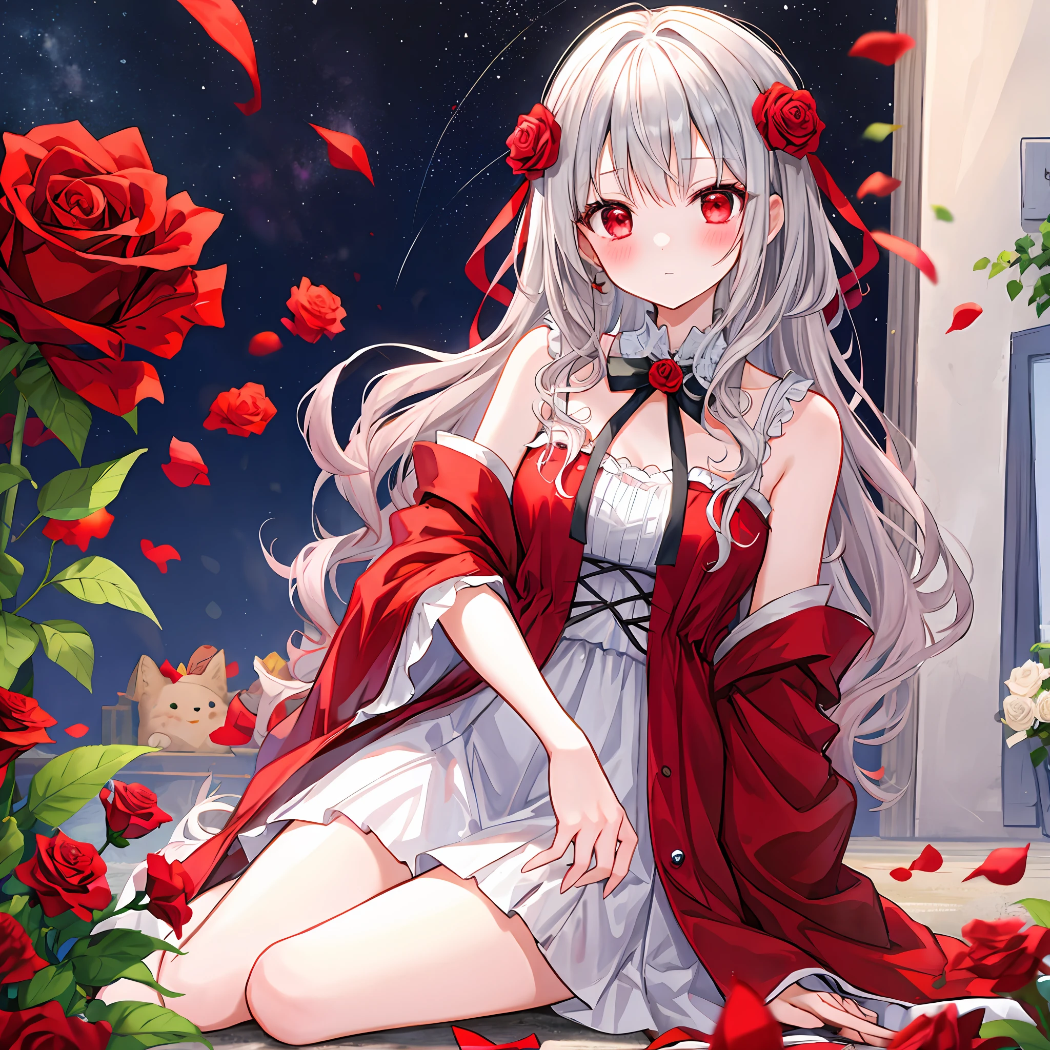 red blush、hair wavy、silber hair、red eyes、robe blanche、Beautiful girl alone、animesque、独奏、Rose field