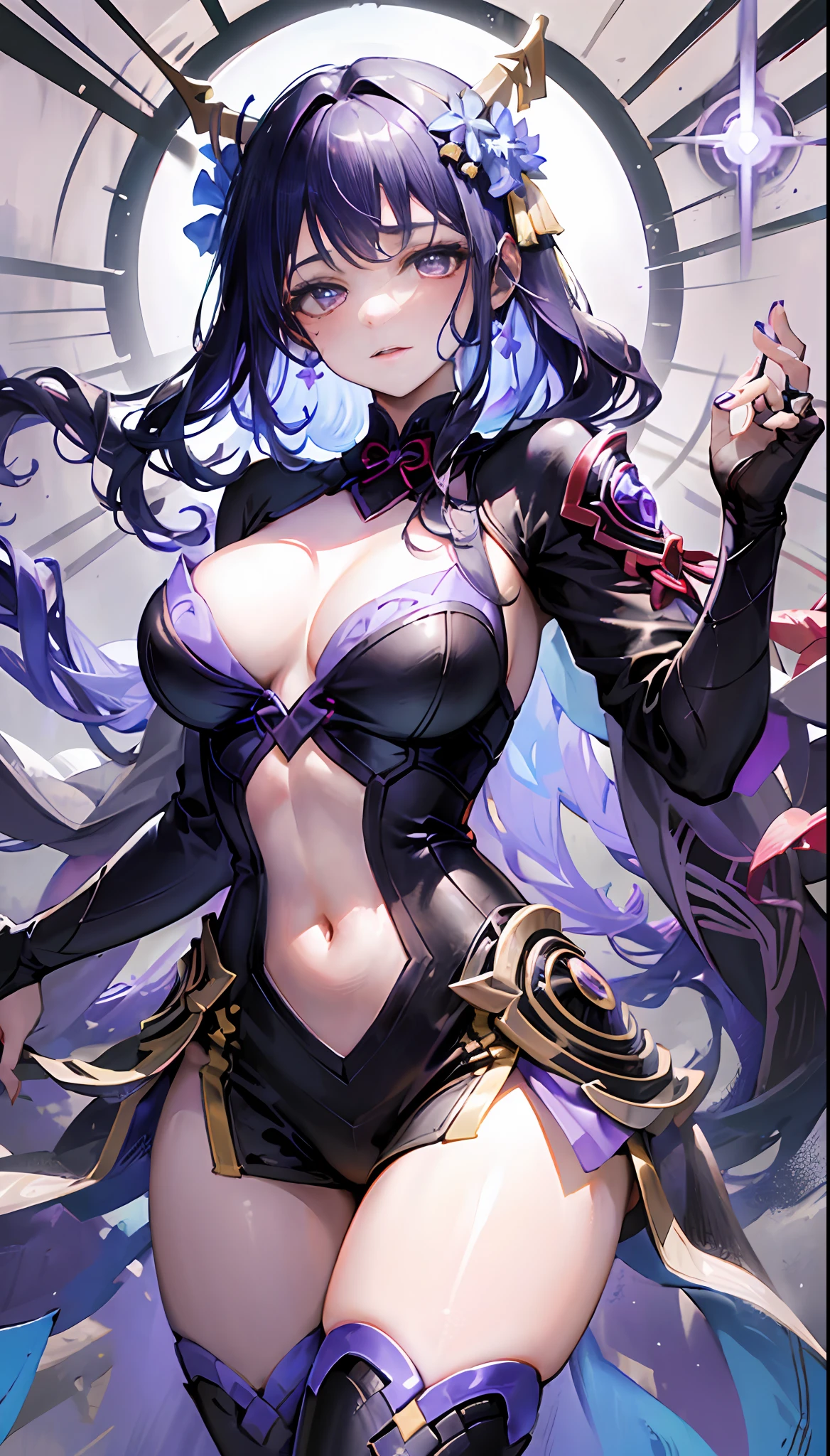 美丽细致的眼睛，Anime comic style，Gradient hair,Purple hair, Genshin_impact，((Serious expressions))， Woman black and purple with dots background，（（HighestQuali，tmasterpiece，4K）），（（Pale skin，purpleglowing eyes eyes，Sexy red lips）），1girll，Solo Woman，（（Genshin_impact）），light particules，Purple thunderbolt，Bright background，the cherry trees，sunny clear sky，purple color-theme，Sexy beautiful girl，Raiden general，Long purple hair，Detailed eyes，busty figure，buliding，Complete limbs