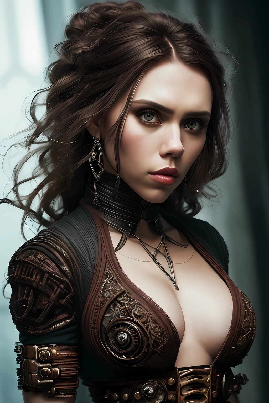 scarjo-subject Biomechanical hacker - shaman of the sisterhood of cables wearing cable - dress made of cables with biomechanical filigree, super haute couture highly detailed eye, highly detailed lips, highly detailed skin, bokeh, lenseflare, by Emil Melmoth, Marcin Nagraba, Rebecca Millen, shot with Hasselblad X1D - 50c