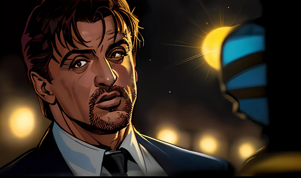 (((Cara confusa)), (comic styled), Silvester Stallone como policial, cena escura, ao ar livre a noite em uma fazenda, olhos azuis, fazenda Noturna, particles, Chuva leve, Foco masculino, (cabo de fluxo longo), noite, Chuva, fundo detalhado, (arte de Frank Miller), obra-prima, (realista:1.3), perfect illumination, sombreamento perfeito, (textura realista do tecido), hiper-realista, (fotorrealista:1.5)