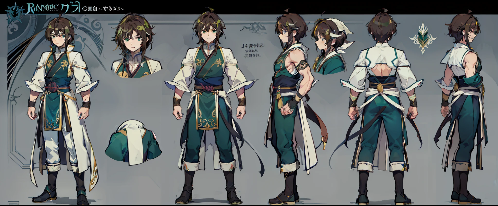 1人, reference sheet, (Fantasy character design, Front, back, Side) Manly, Mage, Magic User, Broad shoulders, Tall, lean athletic build. Magical green eyes, long and dark brown hair, neatly kept. flowing runic robes.Tibetan costumes