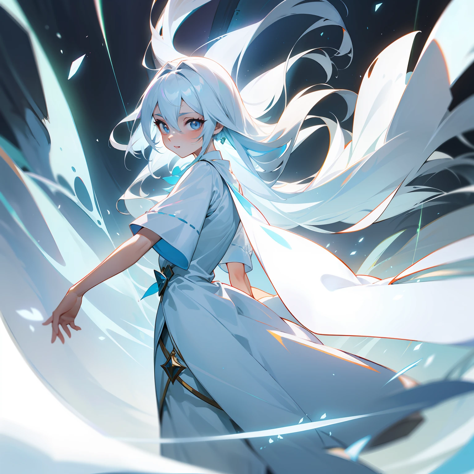 Fair skin like jade,Crisp white dress,Exudes a moving atmosphere,Shining with white hair,In this masterpiece picture。