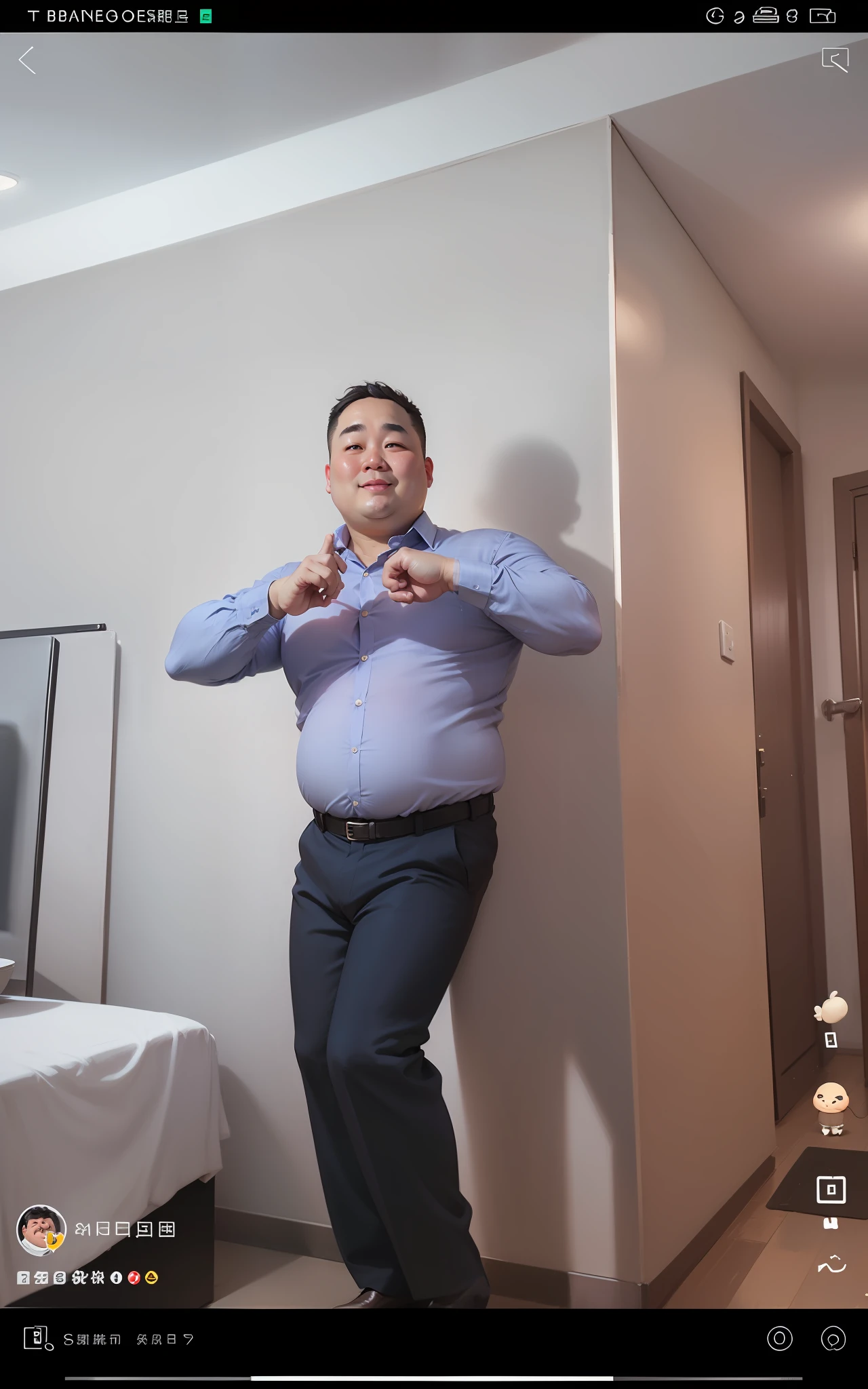 Fat uncle，with a round face，short detailed hair，ssmile，potbelly，Blue plaid shirt，with fair skin，Business suit