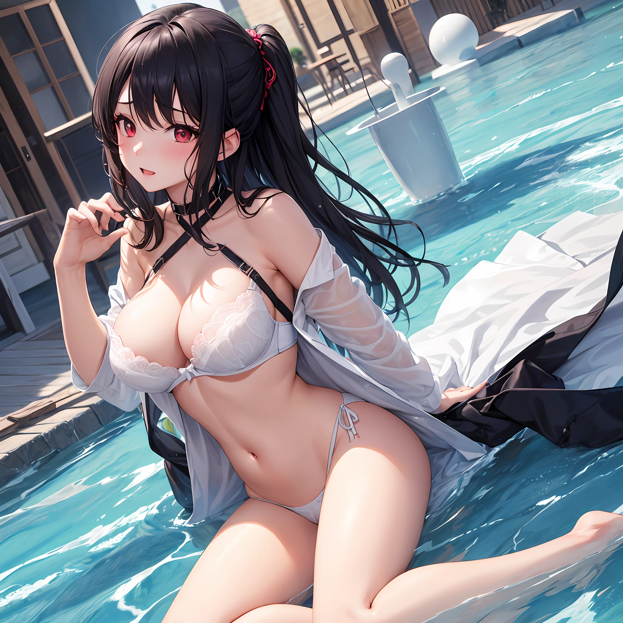masterpiece、爆乳、Foot out、pubic area、bura、masterpiece,top-quality, The ultra -The high-definition, Top resolution, ighly detailed, pretty skin, animesque, Flipping panties with your hands, Flipping up a bra with your hands, Pulling clothes with your hands, full body Esbian, nudde, A slender, a very cute, a 18 year old girl, red eyes, poneyTail, Black hair, Braided hair, lie on one's side, wide-open legs, Raised leg, Flipping clothes by hand, Twisting Clothes With Hands, Naked apron, Semi-undressing、Wet clothes、a wet body、Thin-skinned clothing、clothes with visible chest tips、perspiring、Breast protruding from clothes、Clothes that show through the tummy、Under the breasts、embarrassed from、red blush、Show off、cleavage of the breast、crotch shows through、Areola showing through、The pubic area is open、is open、Pubic area visible、Vaginal launch、Minora、White liquid、Kyonyu、animesque、animesque、animesque、animesque、Anime Twins、full body Esbian、Breasts that make you want to touch、I-cup、 --auto