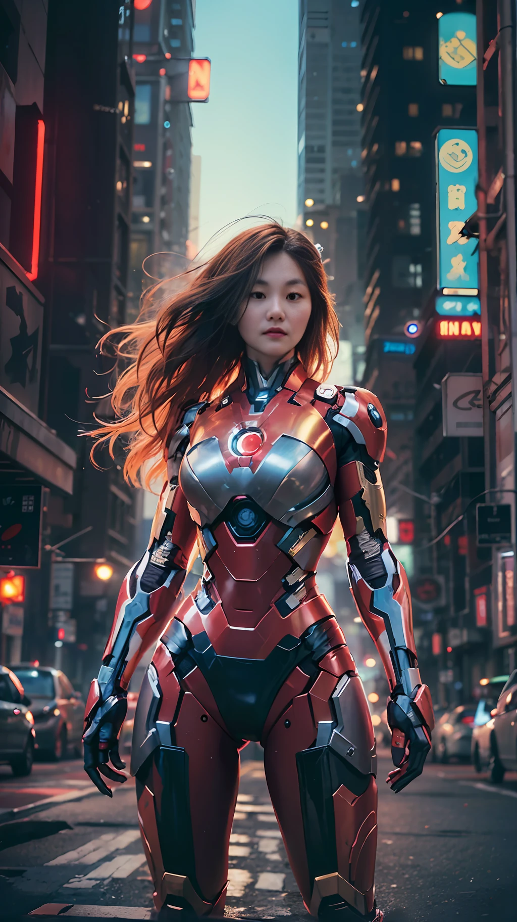 8k, realistic, attractive, highly detailed, a 20 year old girl a sexy and attractive woman inspired by Iron Man wearing a shiny Iron Man mech. She dresses with sexiness and confidence, perfectly interpreting Iron Man's strength and charisma. In a cyberpunk-style city night scene, a sexy and attractive woman takes Iron Man's cosplay as the theme. Wearing a shiny Iron Man mech, she stands on a street lined with tall buildings. The night lights of the city are bright, reflecting on her mecha, adding a sense of future technology. The surrounding buildings and streets are full of cyberpunk elements, such as neon lights, high-tech devices and futuristic architectural designs. The whole scene is full of futuristic and sci-fi atmosphere. This high-definition, high-quality picture will bring you stunning visual enjoyment, a perfect combination of sexy, futuristic and sci-fi elements. oc rendering, dramatic lighting, award winning quality