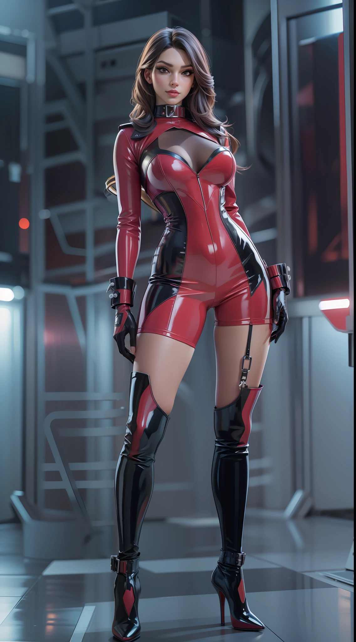 solo, super fine photo, full body photo picture Unreal Engine 5 8K UHD, black color scheme tight and thick latex catsuit, slim body, rubber catsuit, shiny latex catsuit, latex long glove, latex high heels boots, corset, harness, arm and leg cuffs, latex collar, beautiful make up, best quality, masterpiece, unified 8k wallpaper, super detailed, sharp focus, sexy pose,