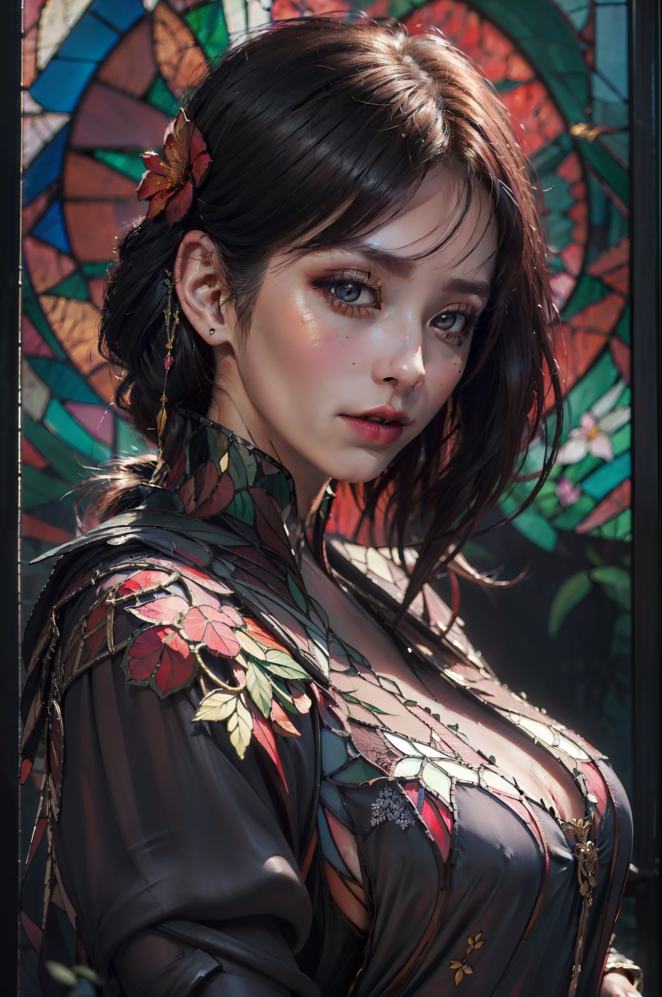 beautiful woman in flowery dress, colorful, dark background, flower ((stained-glass)) armor, dark red theme, (muted colors, dim colors, soothing tones:1.3), highres CG, 8k wallpaper unity, ((masterpiece,best quality,realistic,hyper-detailed:1.27))