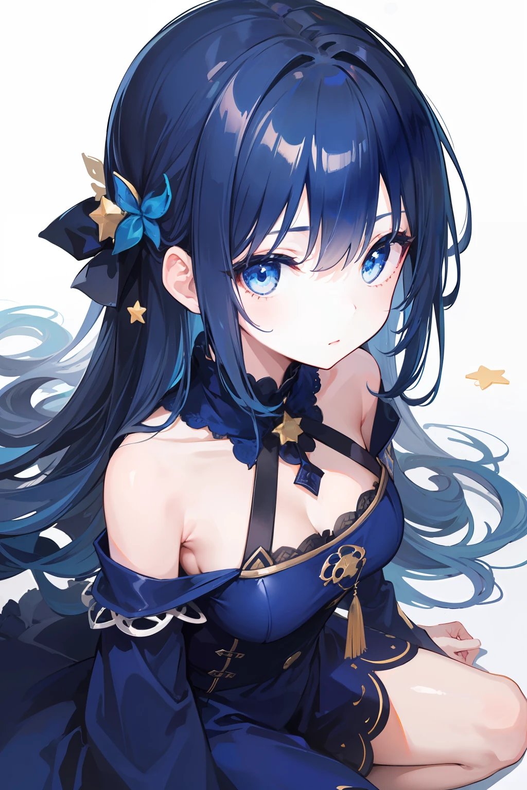 1 girl Angle from above Looking down from above Long dark blue hair A little inner curl Dark blue hair、drooping dark blue eyes (((Kamimei)) Clothing with a star motif ((Dark blue clothes)) 1 girl in (High resolution of the highest quality) ((masterpiece best quality:1.2)) [[Non-navy blue hair]]