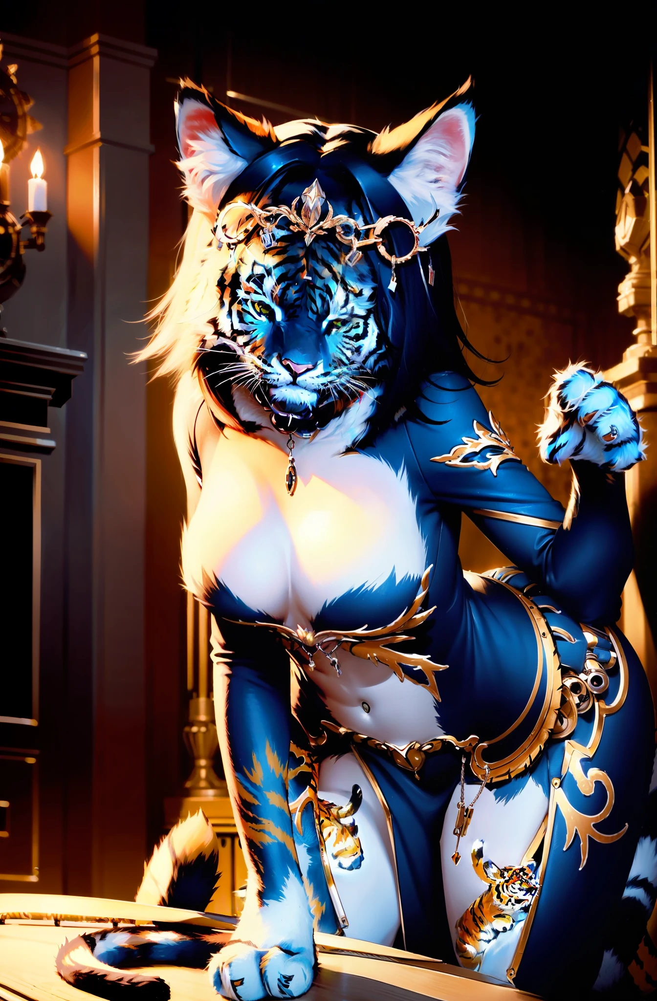 A mechanical tiger glowed blue