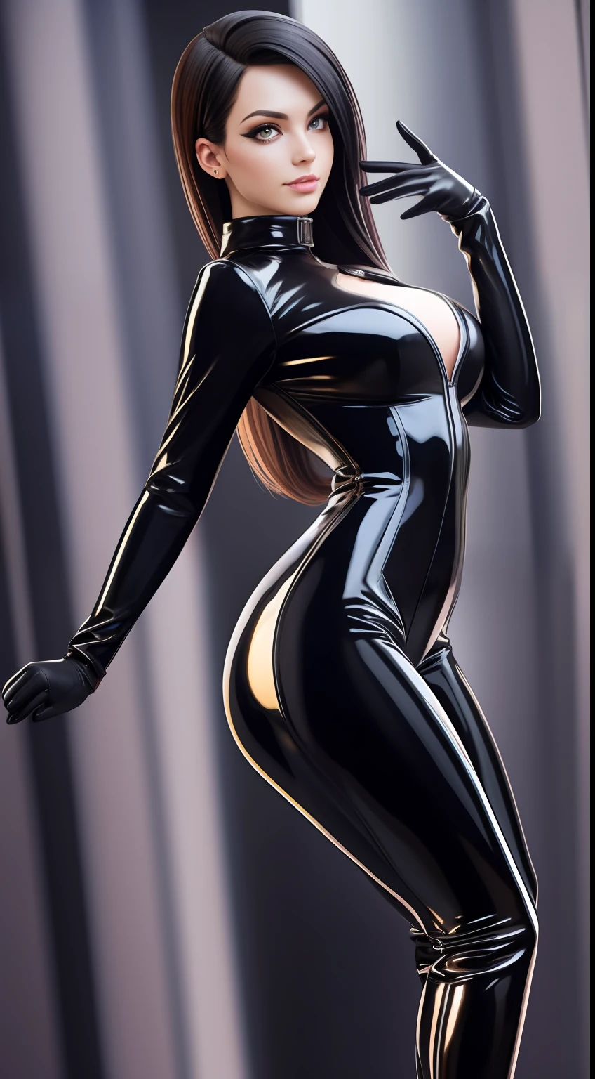 solo, super fine photo, full body photo picture Unreal Engine 5 8K UHD, black color scheme tight and thick latex catsuit, slim body, rubber catsuit, shiny latex catsuit, latex long glove, latex high heels boots, corset, harness, arm and leg cuffs, latex collar, beautiful make up, best quality, masterpiece, unified 8k wallpaper, super detailed, sharp focus, sexy pose,