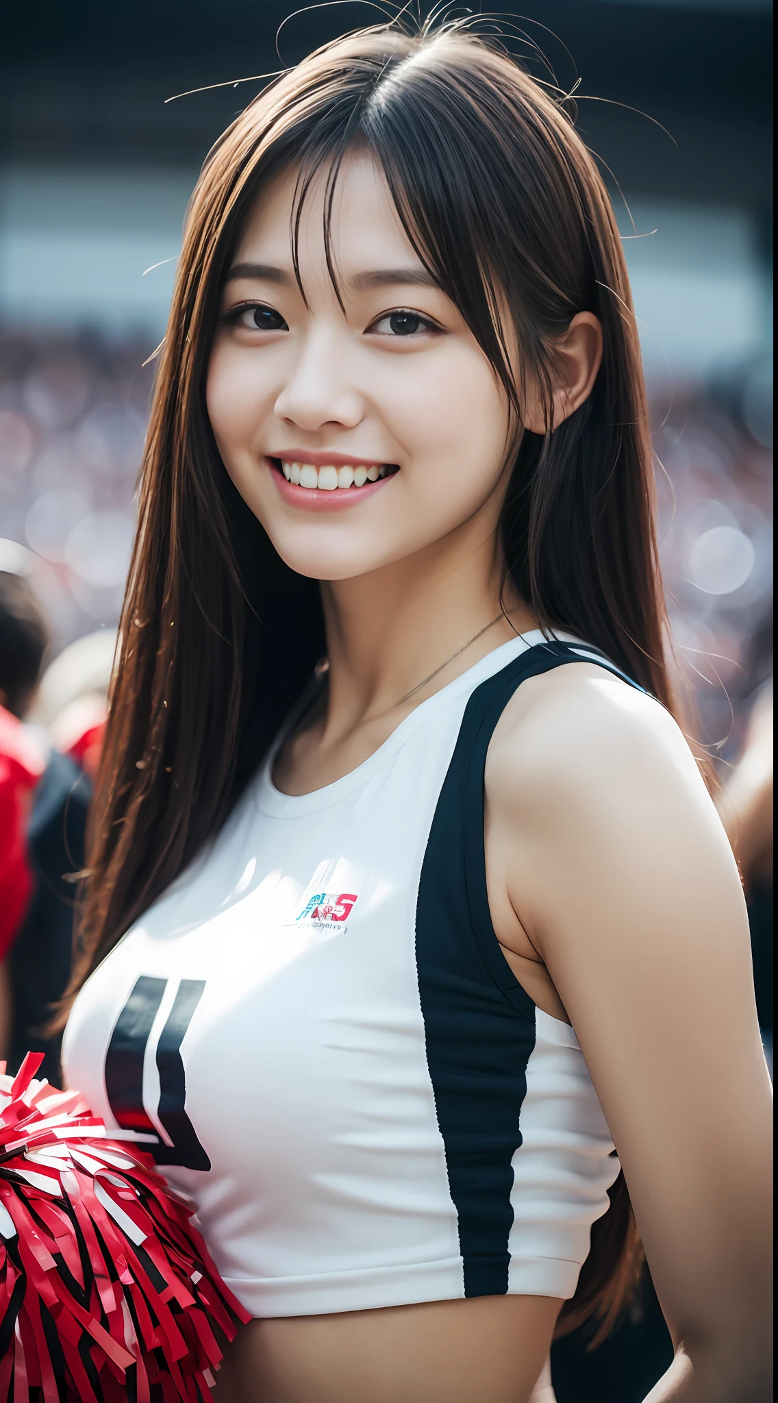 Alafed Asian cheerleaders waving their arms with pom-poms in their hands in the stadium、write、a closeup、cosplay foto、tiny chest、Raw photography, top-quality, hight resolution, (masterpiece), (Photorealsitic:1.4), professional photograpy, foco nítido, nffsw, 8K分辨率, intricate detailes, depth of fields, the Extremely Detailed CG Unity 8K Wallpapers, front lit, NSFW, femele, girl with, beautiful supermodel, A smile、A slender、(sweat all over:1.3)、