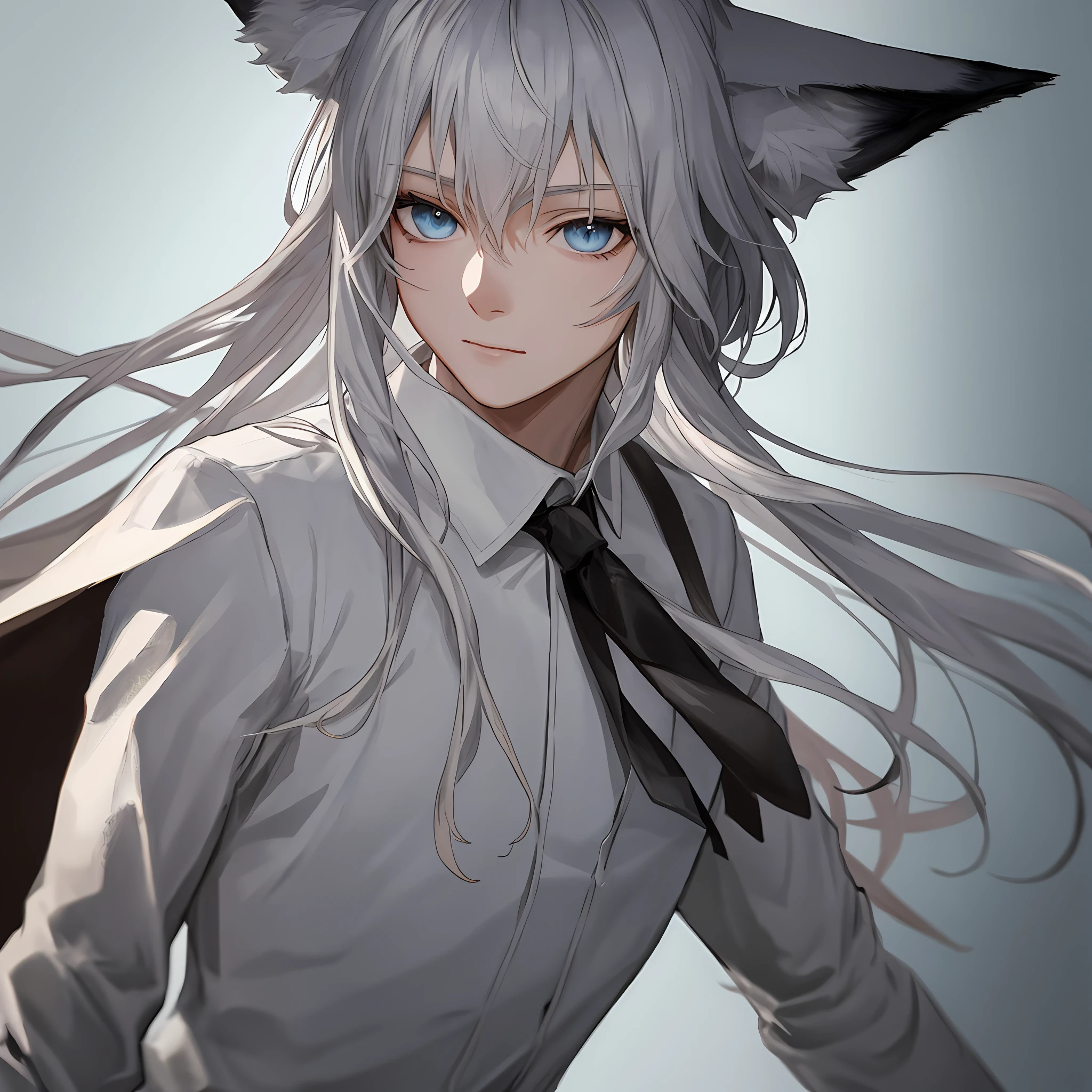 superfine illustration, twinks、Solo Men、Fox ears and fox tail, very detailed beautiful face and eyes, look at viewr, Cowboy Shot, Beautiful silver hair, Solo, Dynamic Angle, White shirt and black tie,No background、Background through
