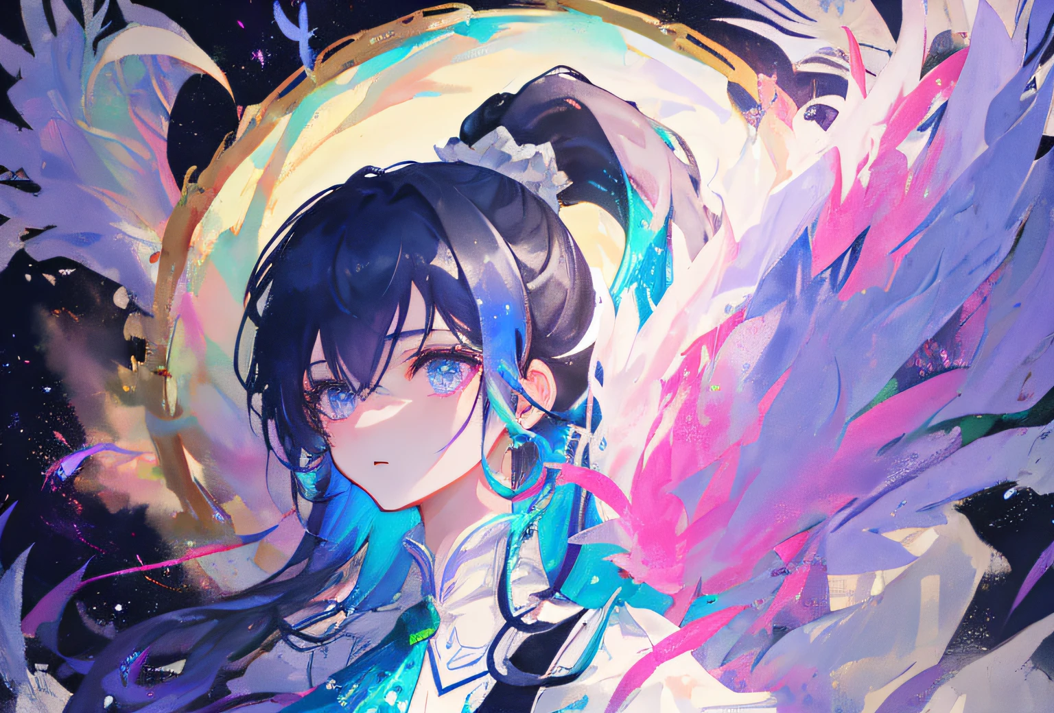 Dramatic 3D rendering of galactic vortex、Pink-green-purple paint dripping、splashing color、professional photoshooting、(Delicate facial depiction)、Studio quality、Peerless beautiful girl、Melancholic maiden,Sense of brokenness,High ponytail,White feathers,simple backgound,非常详细的 CG 统一 8k 壁纸,(ink and watercolor painting),(Delicate facial depiction)、Meticulous eye depiction、Eyes as bright as gems、(((closeup of face)))、(((cabelos preto e longos)))