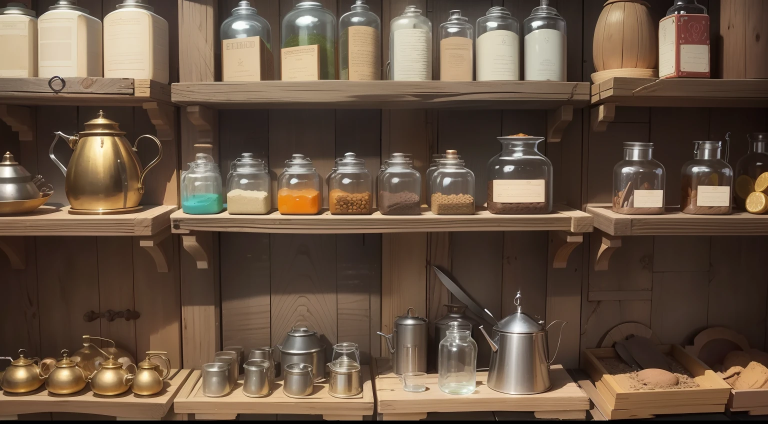 an alchemical laboratory of the Middle Ages, matraces de vidrio, ceramic containers, calderos de cobre, alambiques de cobre, morteros y pestilos de piedra, Metal tweezers, embudos de vidrio, retortas de vidrio, vasijas de arcilla, Brass balances, libros de alquimia, manuscritos antiguos, shelves with jars of various sizes, cajas con hierbas y especias, haces de hierbas secas colgando del techo, velas de cera, Oil lamps, charcoal braziers, Scrolls and papyri with formulas and diagrams, cuencos de cristal, bandejas de plata, espejos pulidos, lentes de aumento, cajas de madera con minerales y metales, hornos de ladrillo, crisoles de arcilla, agujas de metal, Containers with colored liquids, Bottles with oils and ointments, candelabros de bronce, platos con sustancias en polvo, vidrios de colores, piedras preciosas, pieles de animales, hervidores de agua, tubos de ensayo, varillas de vidrio, amuletos y talismanes, filtros de tela y papeles, morteros de cobre, quemadores de incienso, Measuring instruments, cajas de almacenamiento, recipientes con venenos y sustancias peligrosas, and a wide variety of utensils and tools used for distillation, filtration, Mixing and transmutation of elements.