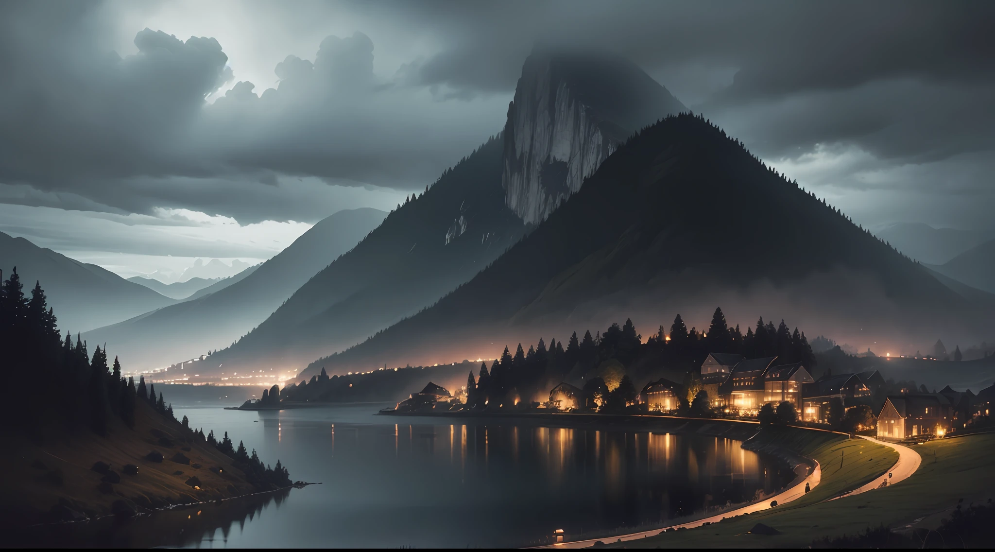 "Dark and melancholic atmosphere by the lakeside with small hills, amidst pouring rain, under dark clouds."