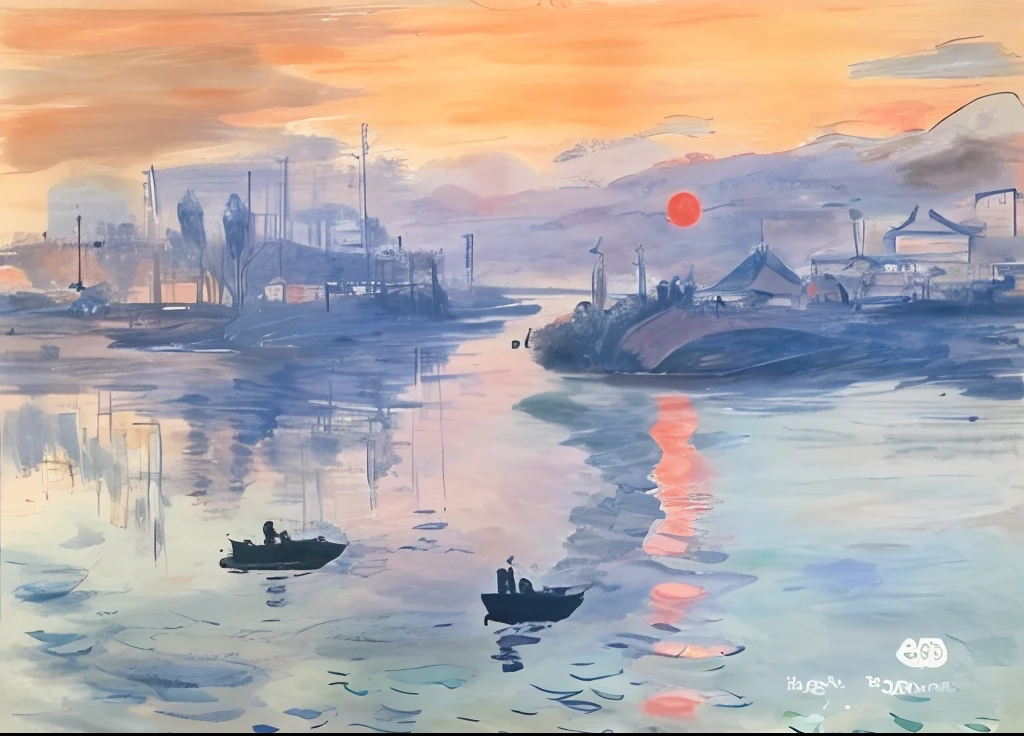 Paint a sunset on a body of water with a boat, Inspired by Claude Monet, Monet style, impressionist drawing, Monet style, Painted by Monet, Impressionistic style, author:Claude Monet, author:Claude Monet, author:Monet, Inspired by Blanche Hoscheid Monet, Charles S., Inspired by Alfred Sisley, Inspired by Monet, Inspired by Giuseppe de Neditis, Monet paintings