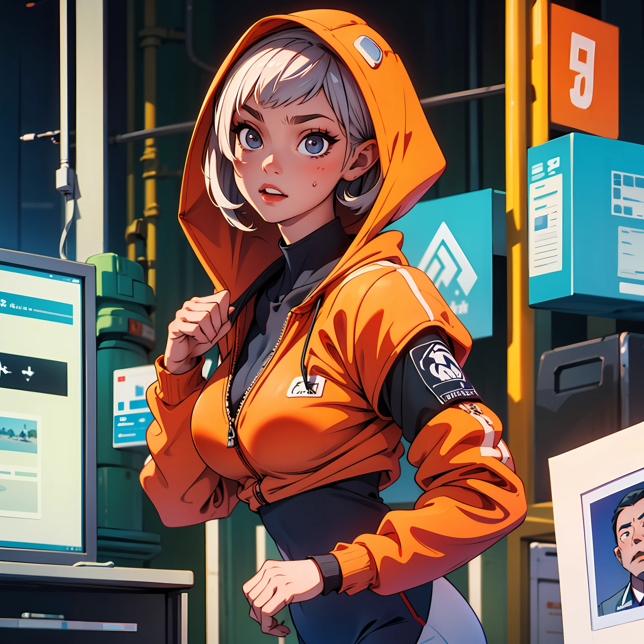 best qualtiy, Cybergirl, 1个Giant Breast Girl, 独奏, short detailed hair, The background is blurred out, gymnastic suit ,Hooded sweatshirt