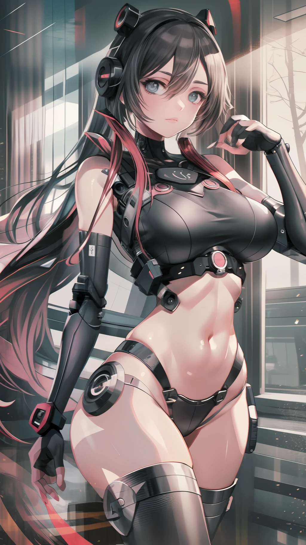 Woman body defined thick thighs cybernetic body parts, short underwear