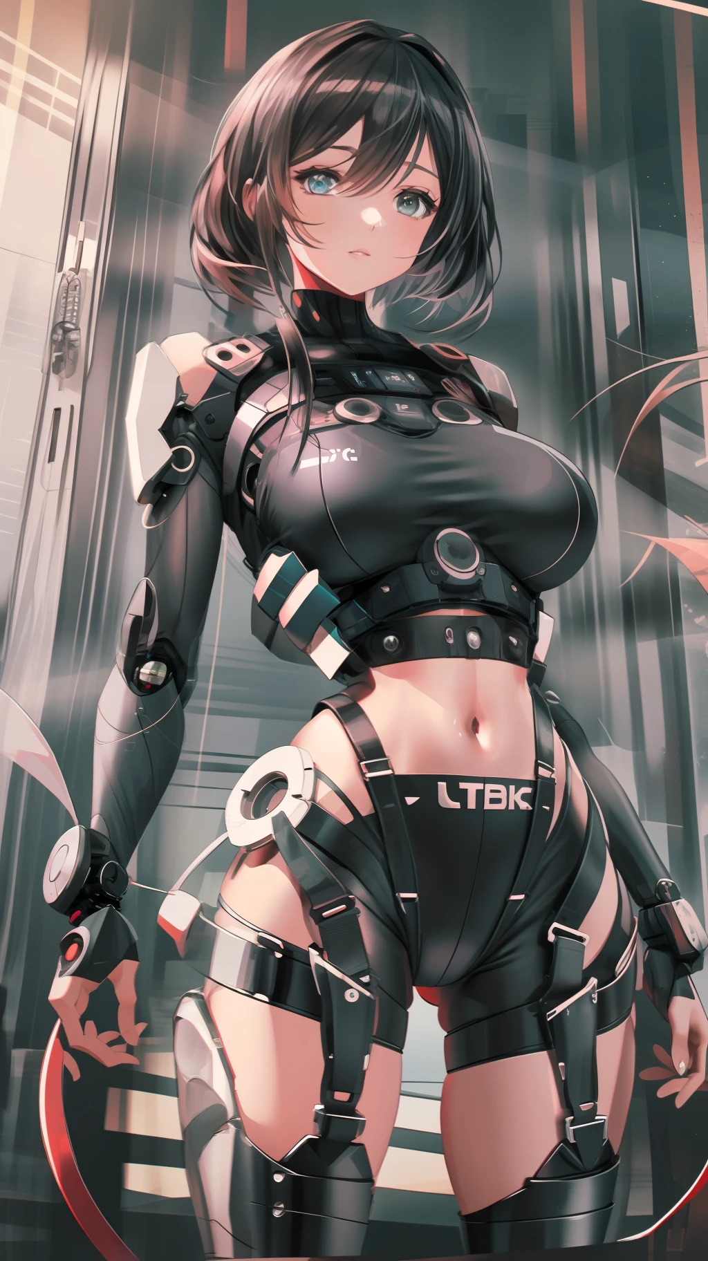 Woman body defined thick thighs cybernetic body parts, short underwear
