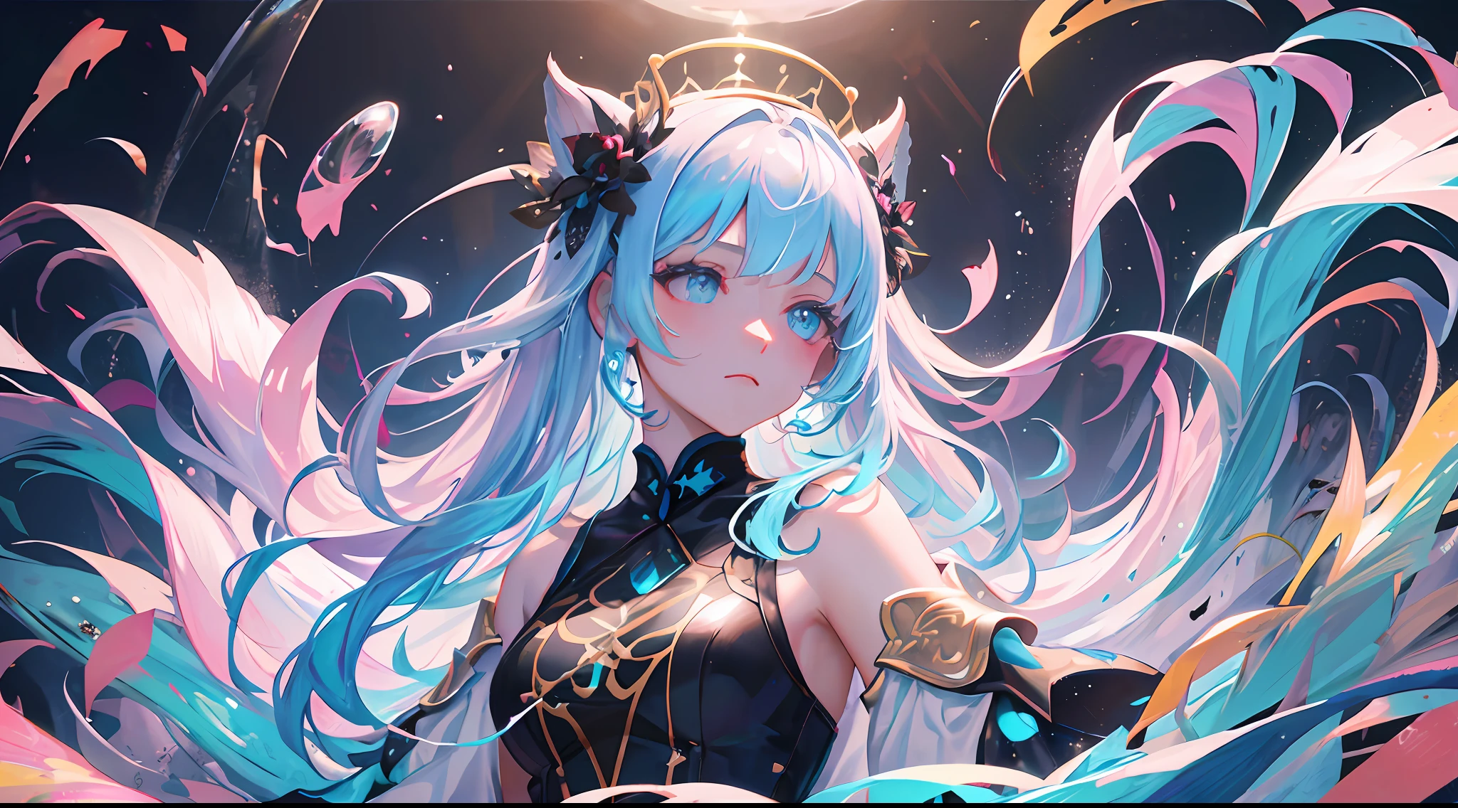 (masterpiece)、(top-quality)、(ultra-detailliert)、(dishevled hair)、(illustratio)、(1girl in)、(Fashionable clothes)、is standing、Fashion Model、Look back、(interview)、(Brief background)、Beautiful detailed eyes、Delicate beautiful face、floating、(High color saturation)、(colorful water splash)、colorful bubble、(shine)、Focus on Face、Kana Arima、Crimson hair、Bangs、hair rings、Floating hair。The girls、Anime Waifu、Look far away、Very detailed and、Reflective transparent iridescent color、Long transparent iridescent RGB hair、Art Bee Scella Rule at Art Station、Thick Acrylic、pixiv illustration、waist up portrait、Gorgeous Holy Girl、top-quality、ultra-detailliert、sad、wise、beautiful countenance、Beautiful Ryton black background、Character stvle rendered by Octane、Background Simple、hugetits、poneyTail、The strongest beauty