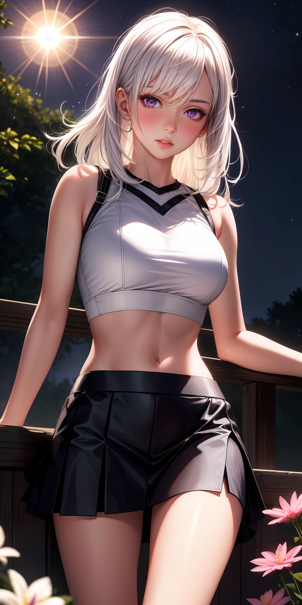 realistic, 1girl, white hair, purple eyes, glowing eyes, crop top, skirt, parted lips, blush, night, flowers, sun, sunlight,