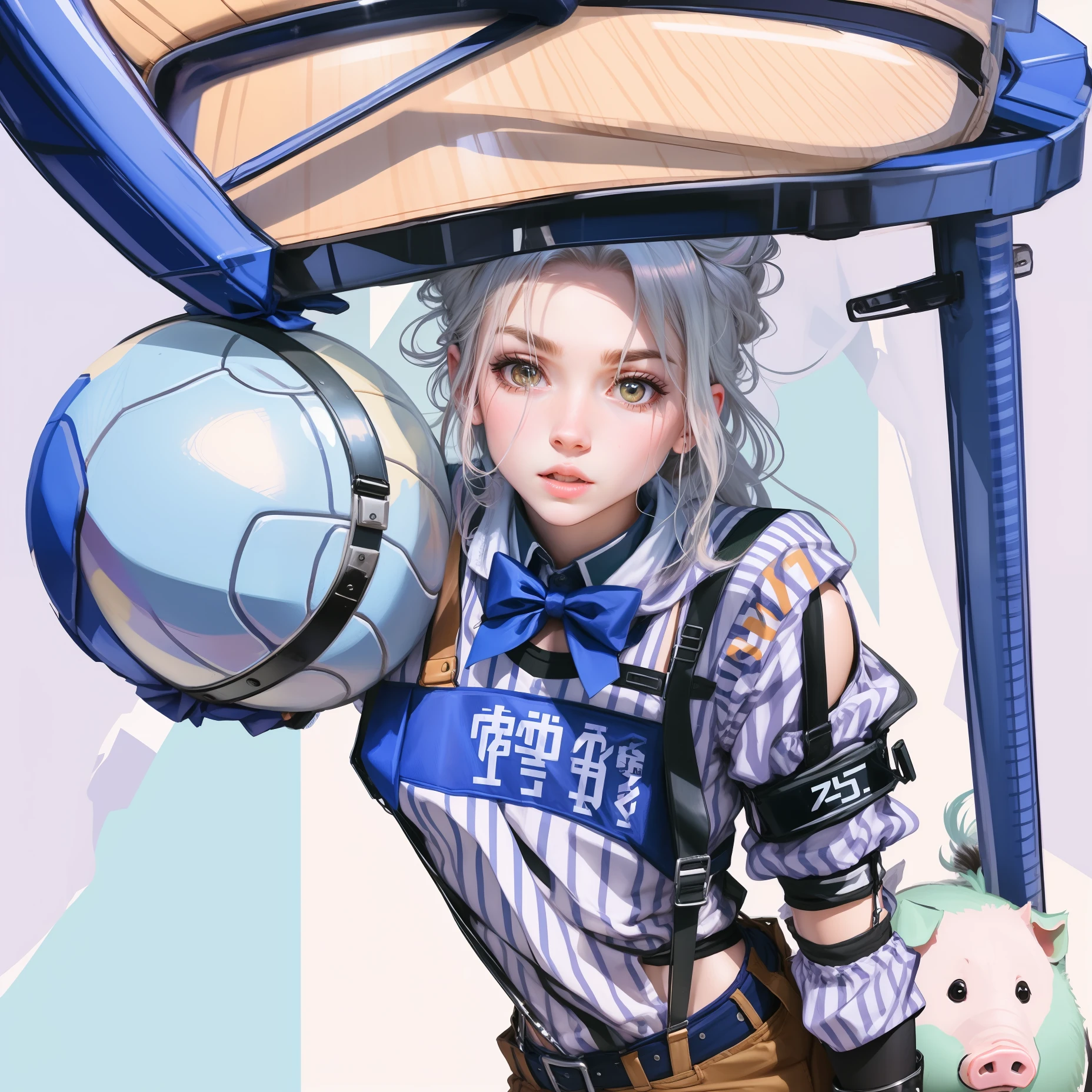 Pig in suspenders combed midpoint holding basketball