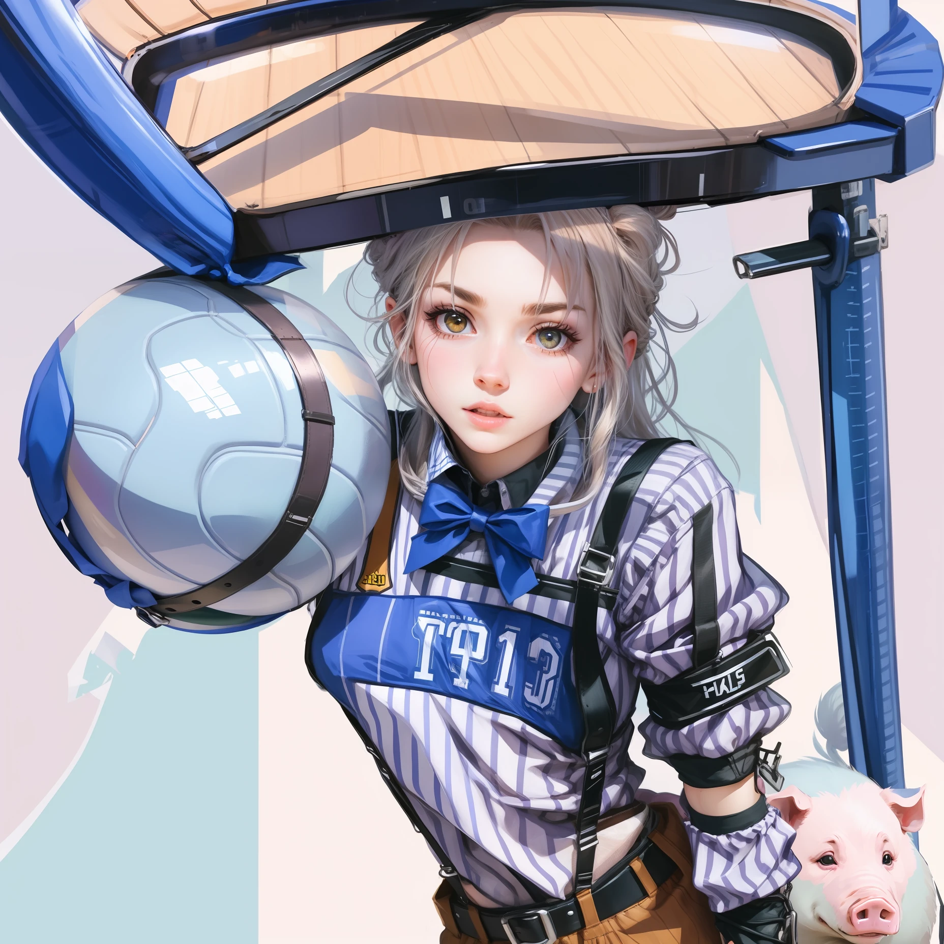 Pig in suspenders combed midpoint holding basketball