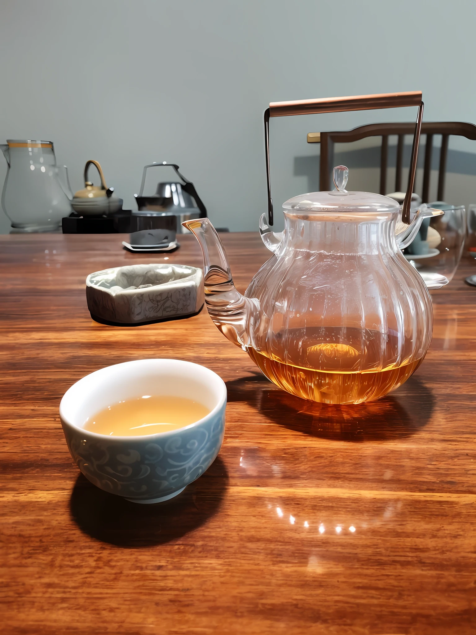 There was a teapot and a cup on the table, daoshu, qiangshu, Drinking tea, Tea, mingchen shen, teapot : 1, teapot, tea drinking and paper lanterns, feng shu, author：Ann Text, su fu, ( Visually stunning, Gorgeous lady, shot on leica sl2, tea ceremony scene
