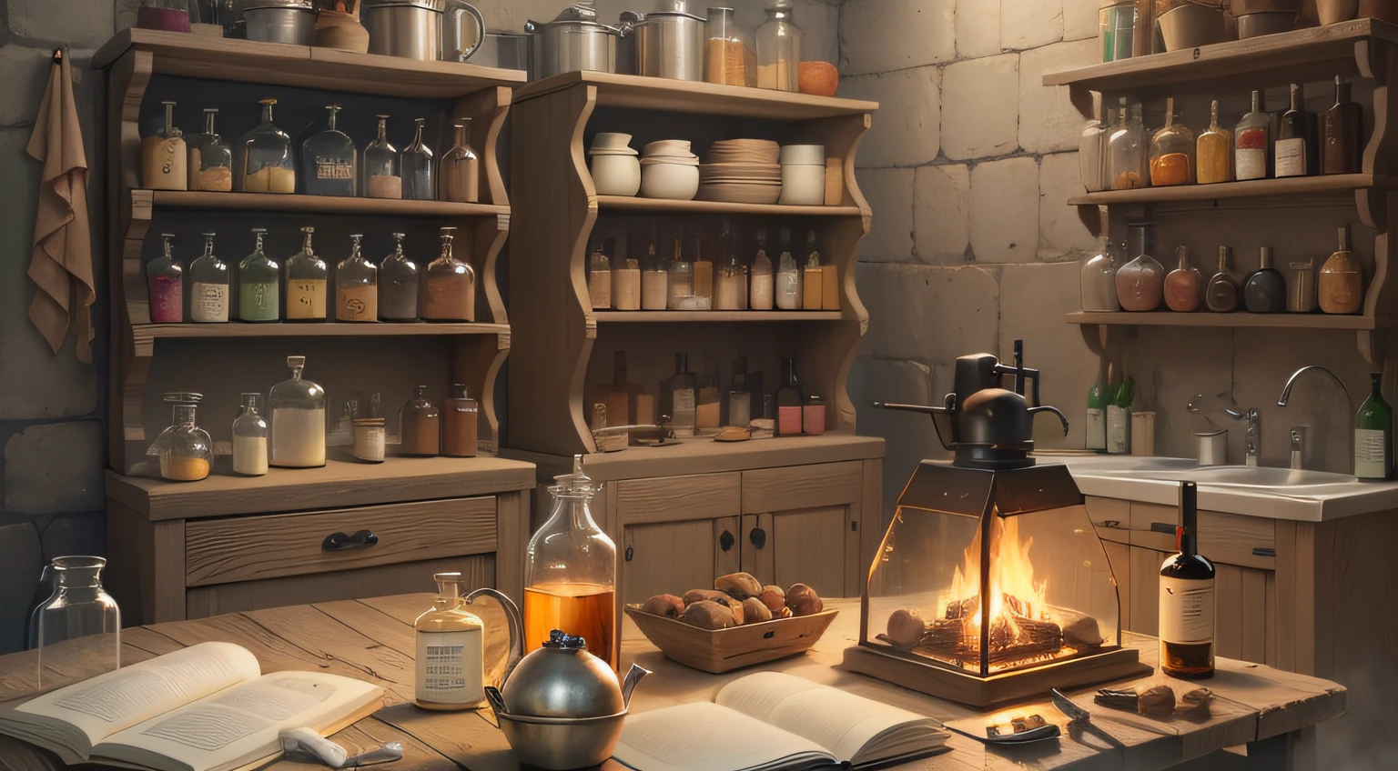 an alchemical laboratory of the Middle Ages, matraces de vidrio, ceramic containers, calderos de cobre, alambiques de cobre, morteros y pestilos de piedra, Metal tweezers, embudos de vidrio, retortas de vidrio, vasijas de arcilla, Brass balances, libros de alquimia, manuscritos antiguos, shelves with jars of various sizes, cajas con hierbas y especias, haces de hierbas secas colgando del techo, velas de cera, Oil lamps, charcoal braziers, Scrolls and papyri with formulas and diagrams, cuencos de cristal, bandejas de plata, espejos pulidos, lentes de aumento, cajas de madera con minerales y metales, hornos de ladrillo, crisoles de arcilla, agujas de metal, Containers with colored liquids, Bottles with oils and ointments, candelabros de bronce, platos con sustancias en polvo, vidrios de colores, piedras preciosas, pieles de animales, hervidores de agua, tubos de ensayo, varillas de vidrio, amuletos y talismanes, filtros de tela y papeles, morteros de cobre, quemadores de incienso, Measuring instruments, cajas de almacenamiento, recipientes con venenos y sustancias peligrosas, and a wide variety of utensils and tools used for distillation, filtration, Mixing and transmutation of elements.