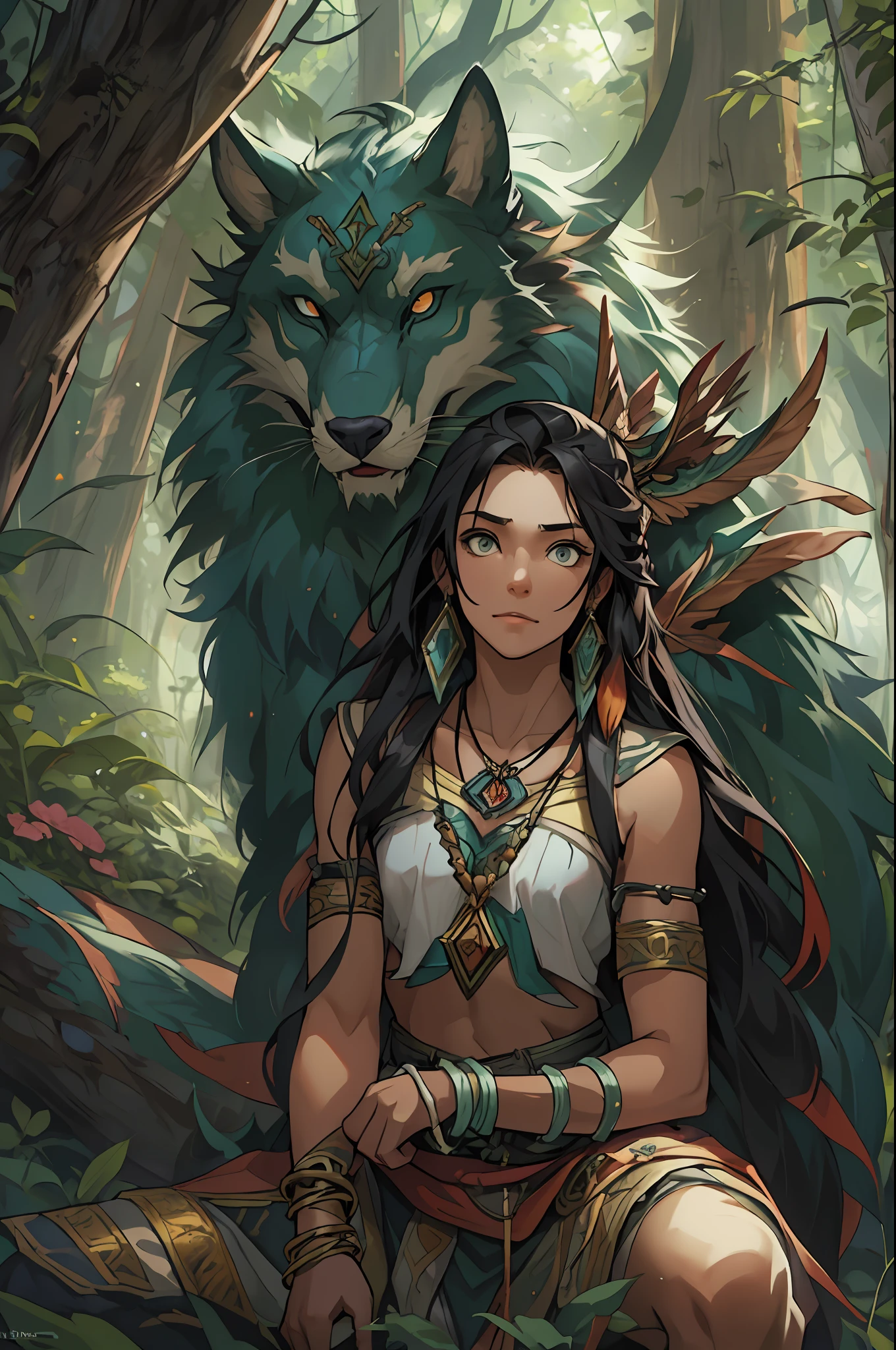 (1 Northern Girl,Animal fur clothing,Norse primitives),Anatomically correct, Solo, (shaman, Nature, Healer, wild hairs, Dark black hair, Unkempt hair, longspear, pretty eyes, Long bead necklace, Bead bracelet, trinkets, Vines in hair, Thick body, Wide body,Fantasy setting), Outdoor activities in a dream forest, Ancient ruins, Magic the Gathering, dungeons and dragons, character concept, character art, Character portrait, Cartoon, Best quality, Best resolution, 4K, Vivid colors, Vivid, High detail, best detail, confident pose, extrovert, look from down, Serious expression