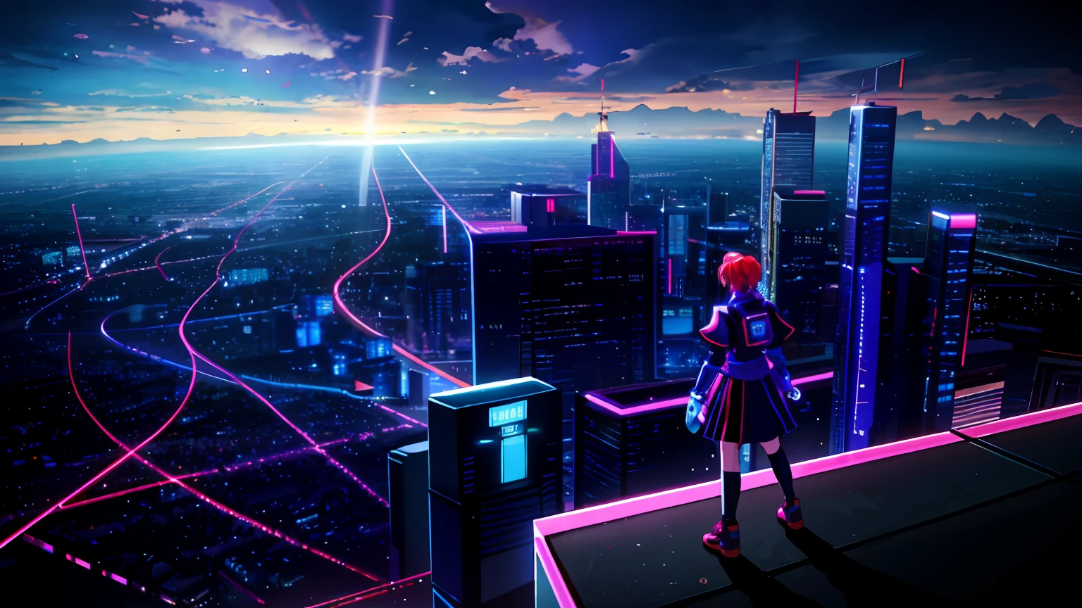(tmasterpiece,best qualtiy:1.4), cinematric light, Colorful, hight contrast, cyber punk perssonage, neonlight, 城市, view over city, (daysies:1.2), Skysky, rays of sunshine,magic,imagining,epcot