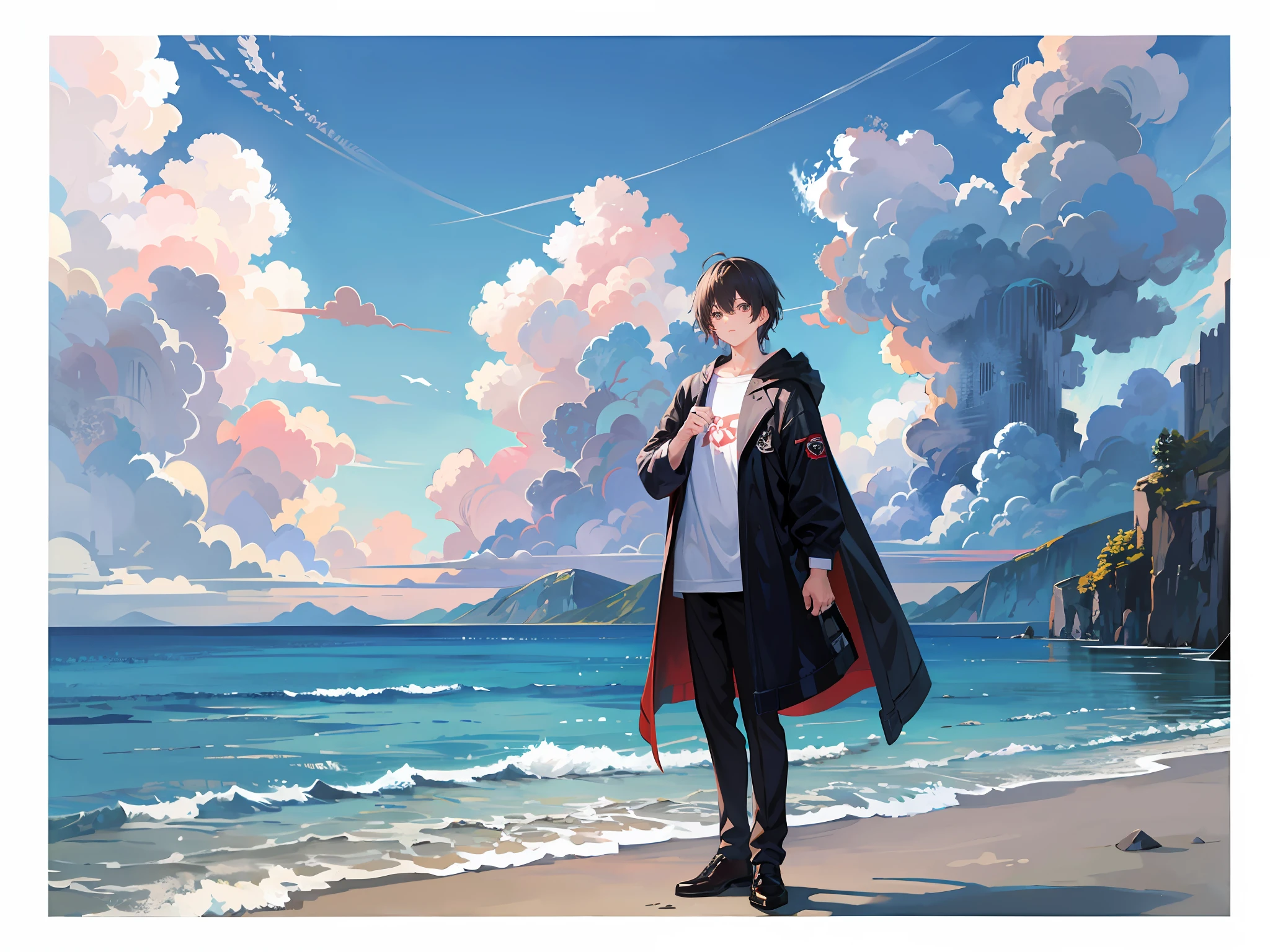 There is a man standing on the beach, hands on his head, anime style mixed Fujifilm, fine, HD, hands fine, oil painting on background