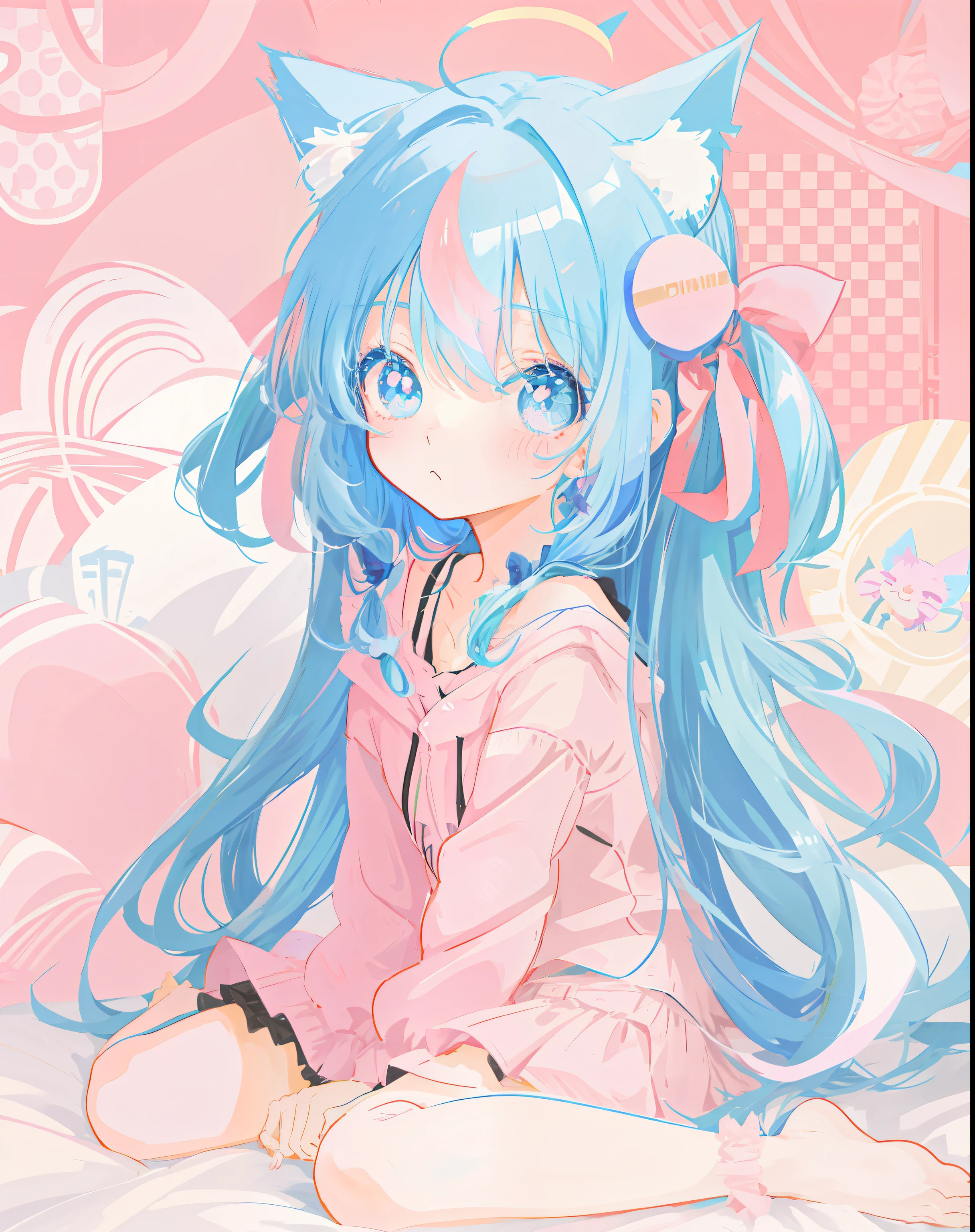 anime girl with blue hair and cat ears sitting on a bed, cute anime catgirl, Cute anime girl, anime girl with cat ears, anime moe art style, Very beautiful anime cat girl, pretty anime girl, beautiful anime catgirl, Soft anime illustration, cute kawaii girls, pink twintail hair and cyan eyes, Cute anime, anime visual of a cute girl