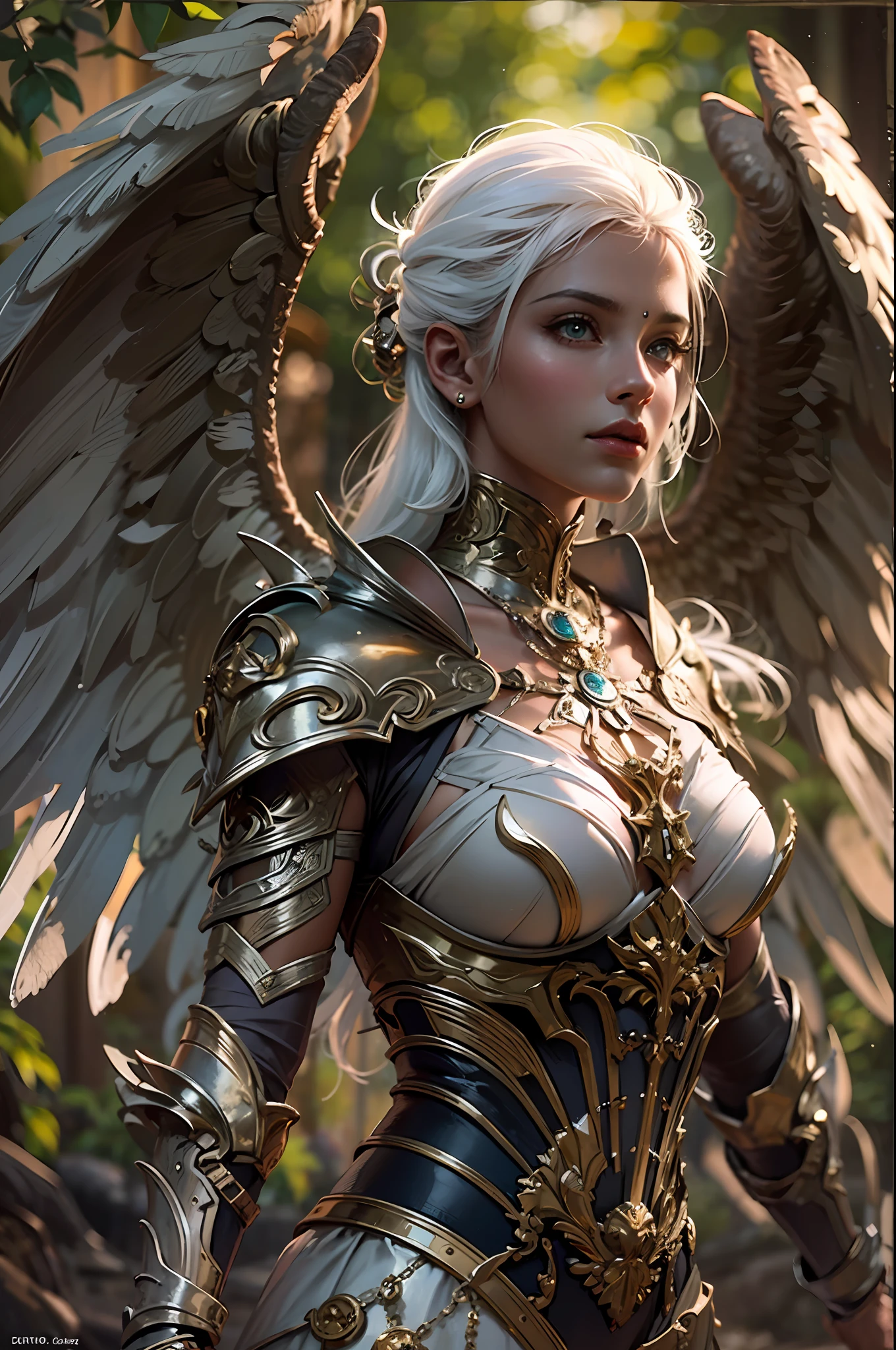 (8k, RAW, Photorealistic: 1.25) Realistic, Cinematic Light,(Action Pose: 1.4), (Dark Shot: 1.4), , Platinum White Hair, Beautiful Angel Covered with Jewels, Highly Detailed Bronze Armor, Green Eyes, Broken Angel Wings, Dark Forest, Sunlight Through Trees, 8 Life-Size, Chic Body, (Best Quality)), India,, Add depth to the image with backlight effect ,, perfect anatomy,